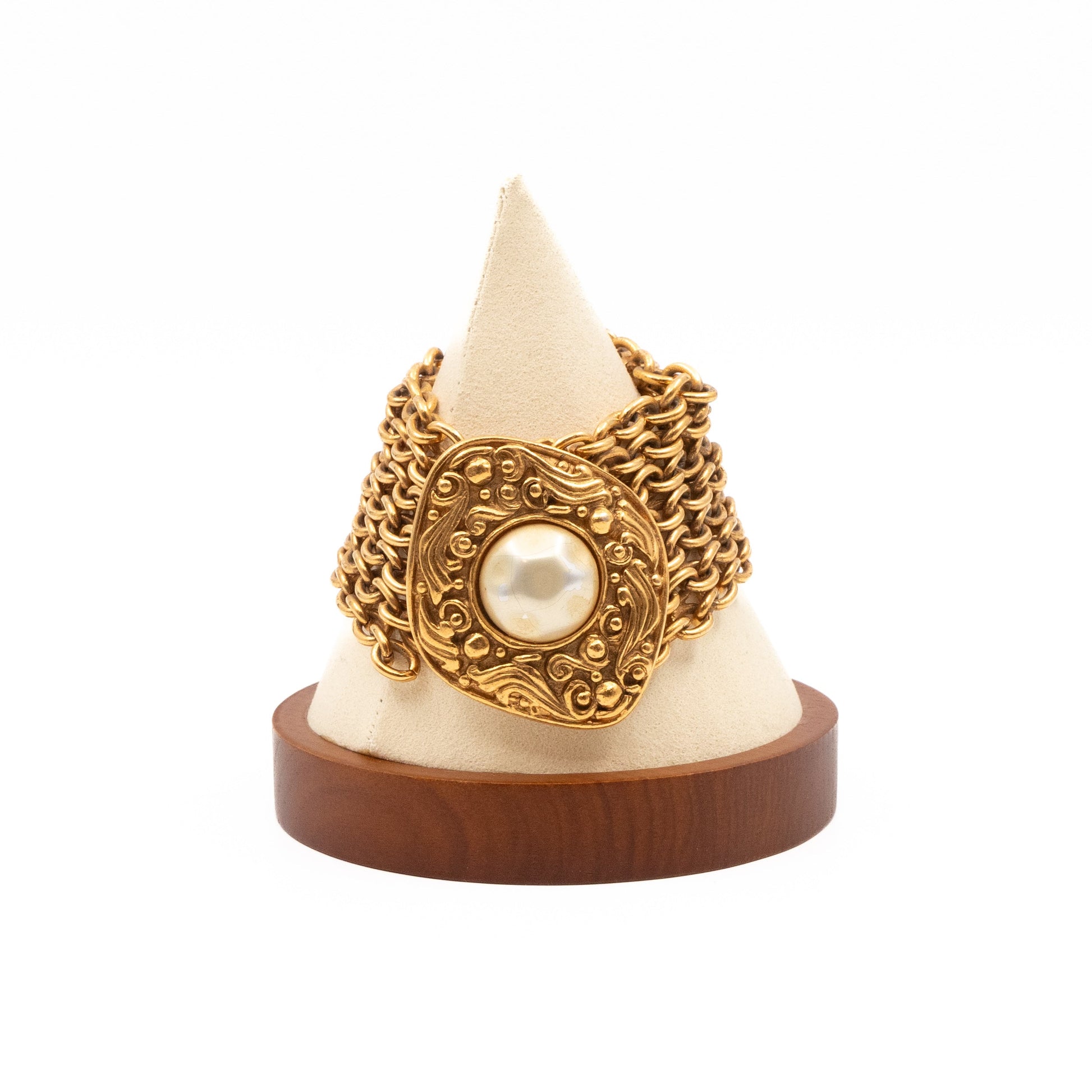 Chanel Byzantine-style Gold Chainlink Bracelet With Pearl
