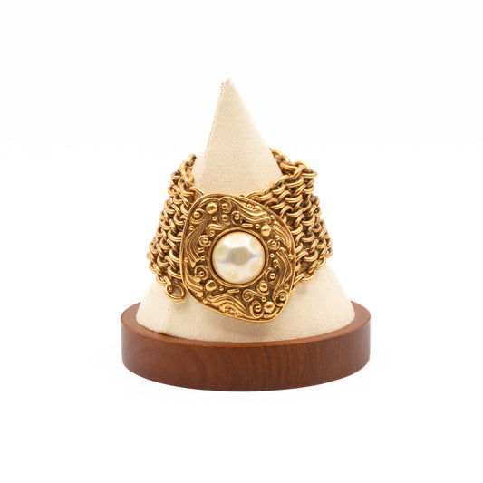 Chanel Byzantine-style Gold Chainlink Bracelet With Pearl