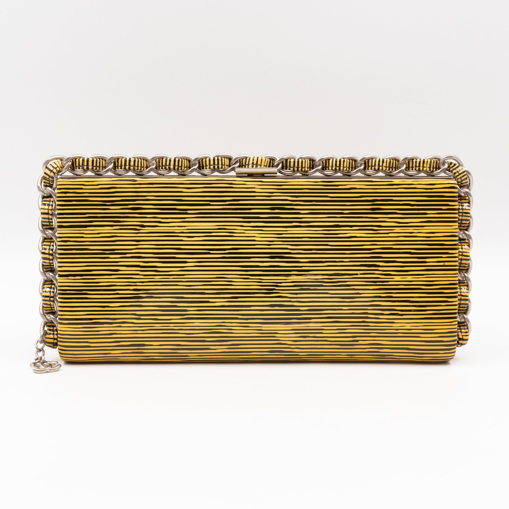 Chanel Long Frame Clutch Yellow Striped Patent Leather