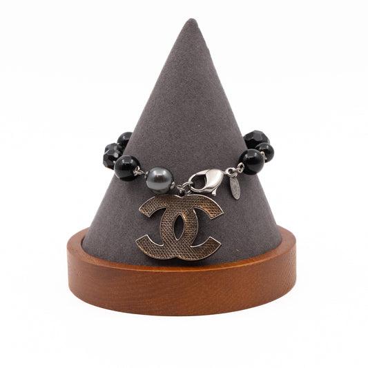 Chanel CC Coco Mark Black Bead Charm Bracelet