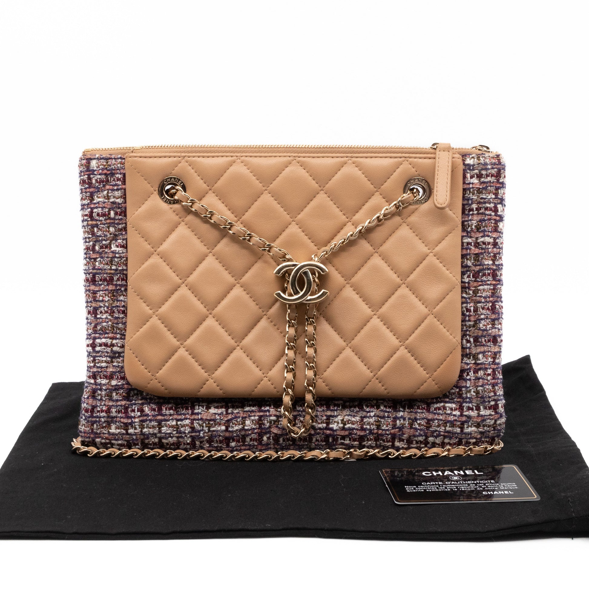 Chanel Matelasse Double Pouch With Strap Beige Leather & Tweed