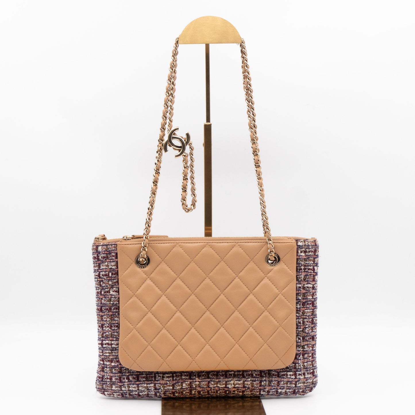 Chanel Matelasse Double Pouch With Strap Beige Leather & Tweed