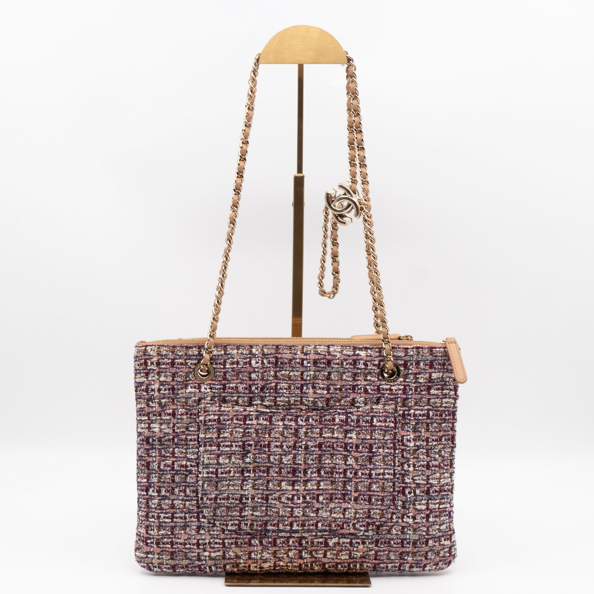 Chanel Matelasse Double Pouch With Strap Beige Leather & Tweed