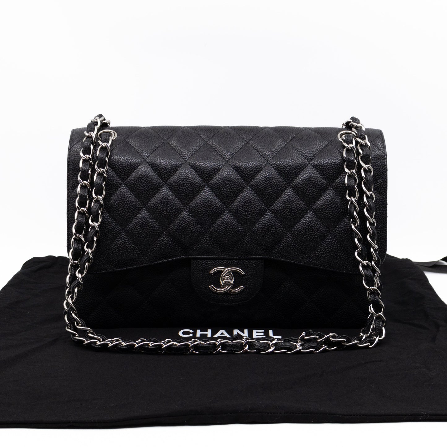 Chanel Classic Double Flap Jumbo Black Caviarskin Leather Silver