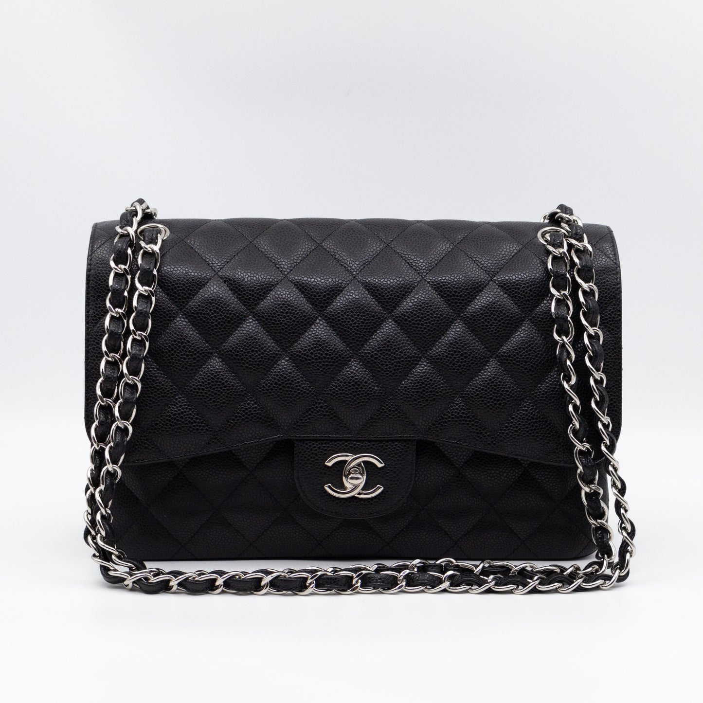 Chanel Classic Double Flap Jumbo Black Caviarskin Leather Silver