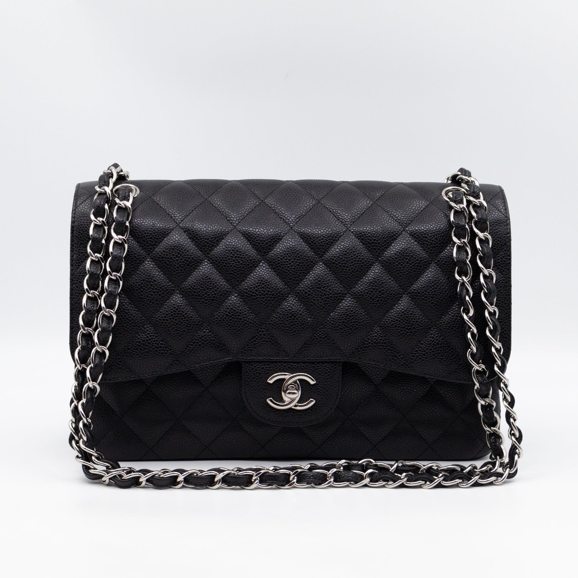 Chanel Classic Double Flap Jumbo Black Caviarskin Leather Silver
