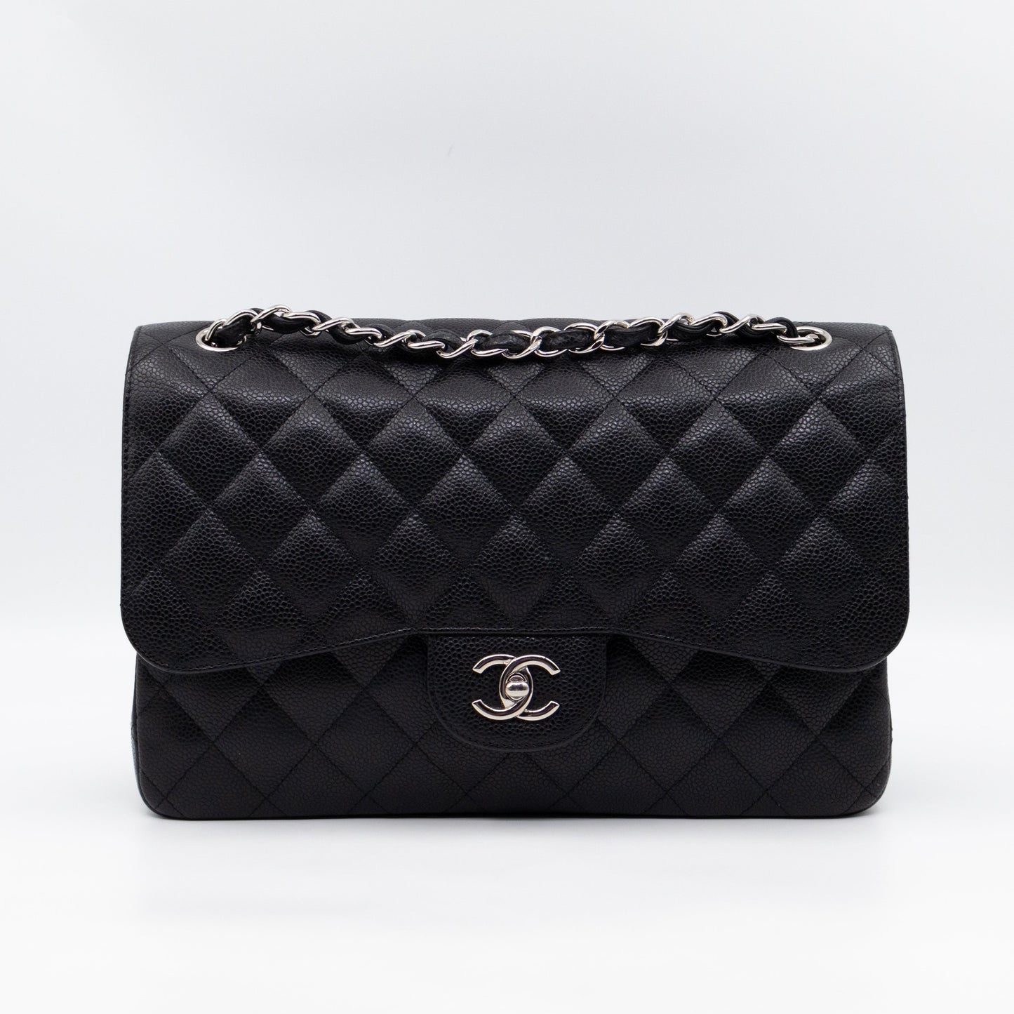 Chanel Classic Double Flap Jumbo Black Caviarskin Leather Silver