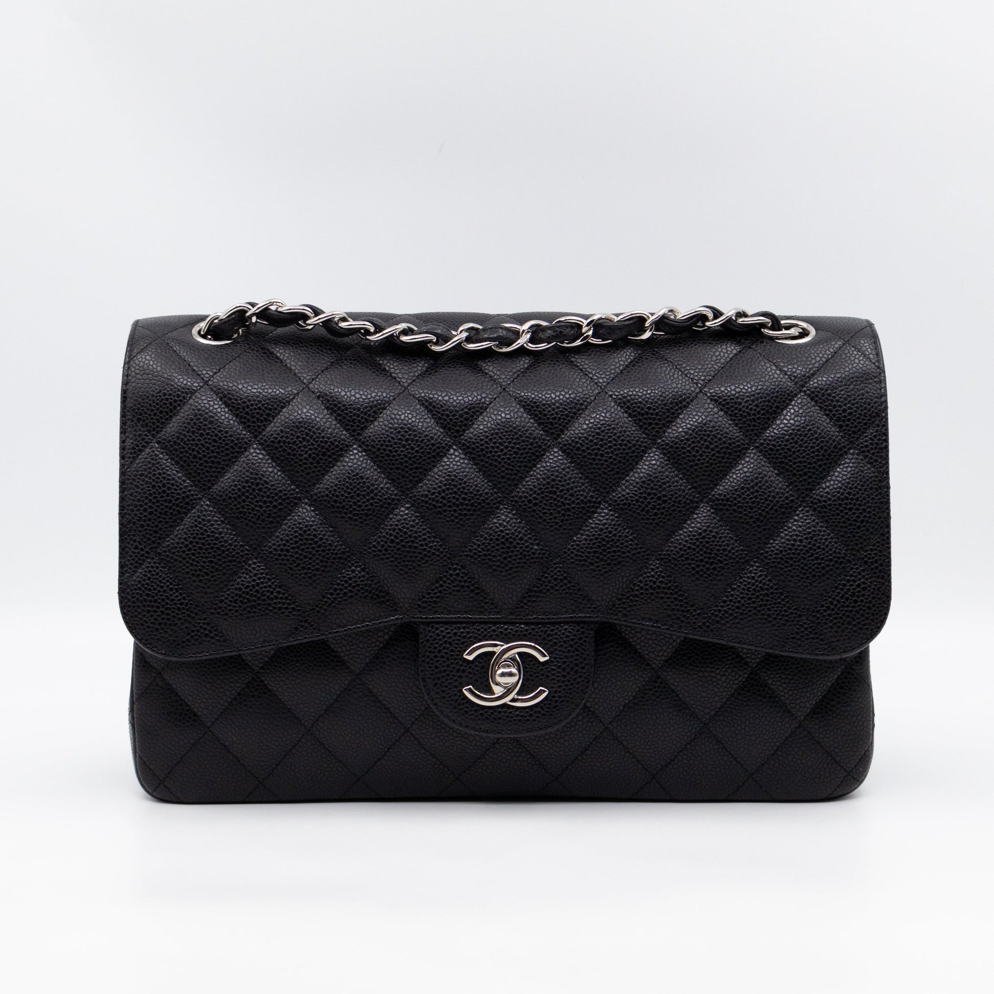 Chanel Classic Double Flap Jumbo Black Caviarskin Leather Silver