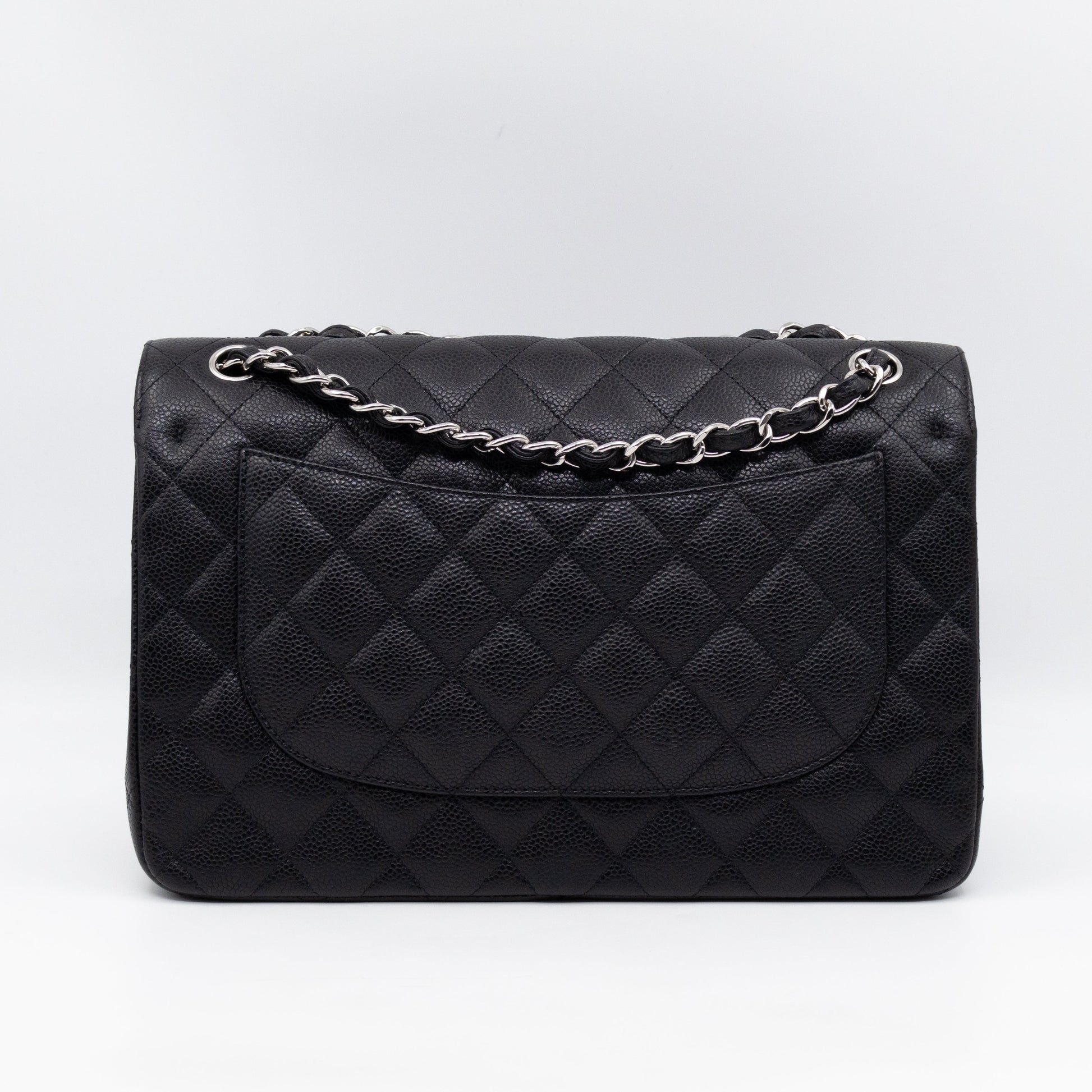 Chanel Classic Double Flap Jumbo Black Caviarskin Leather Silver
