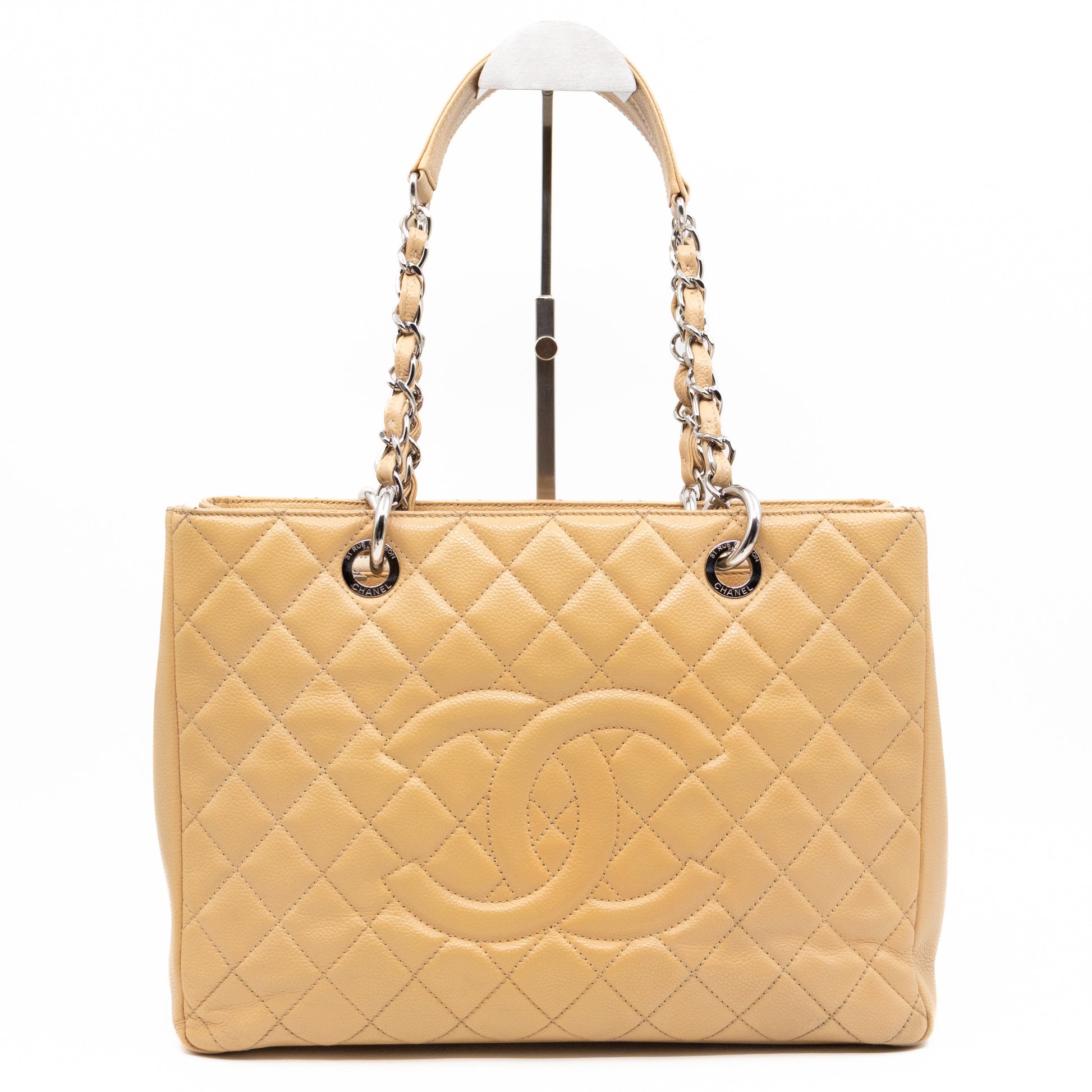Chanel GST Grand Shopping Tote Beige Caviar Silver