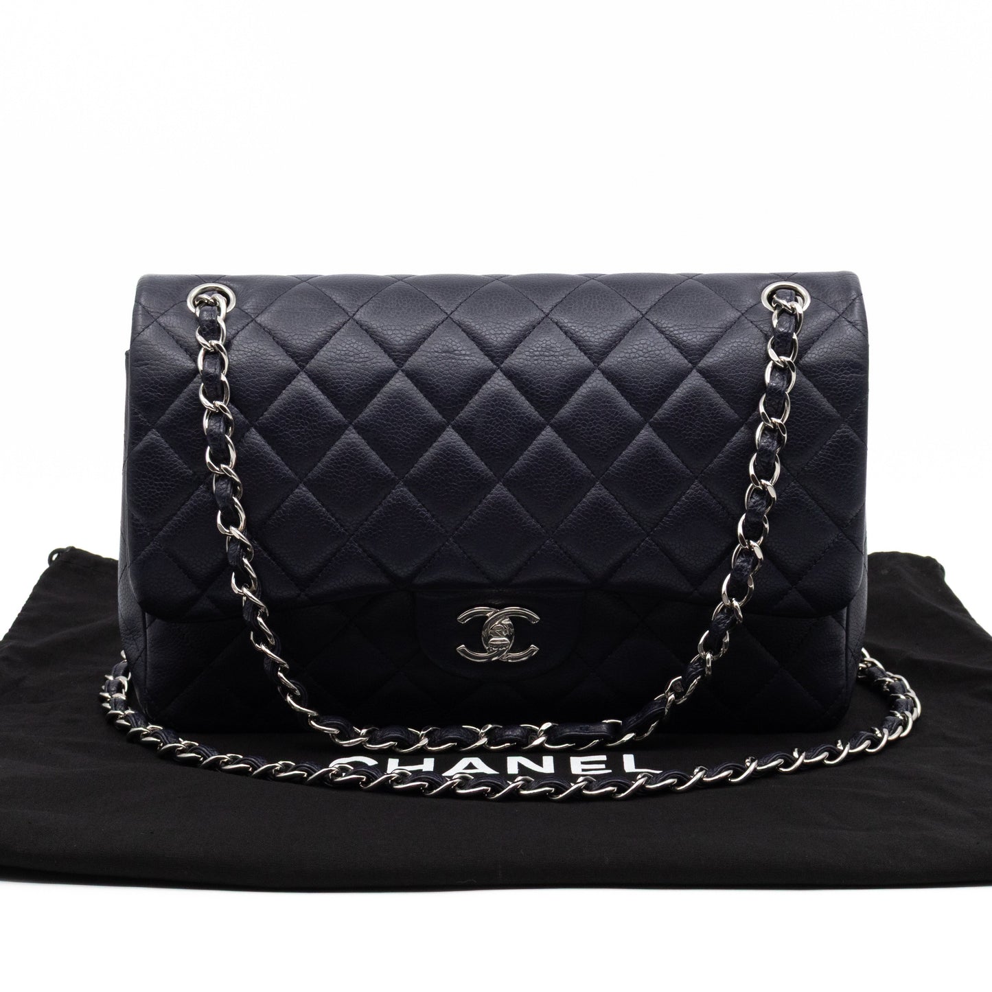 Chanel Classic Double Flap Jumbo Navy Soft Caviar Leather Silver