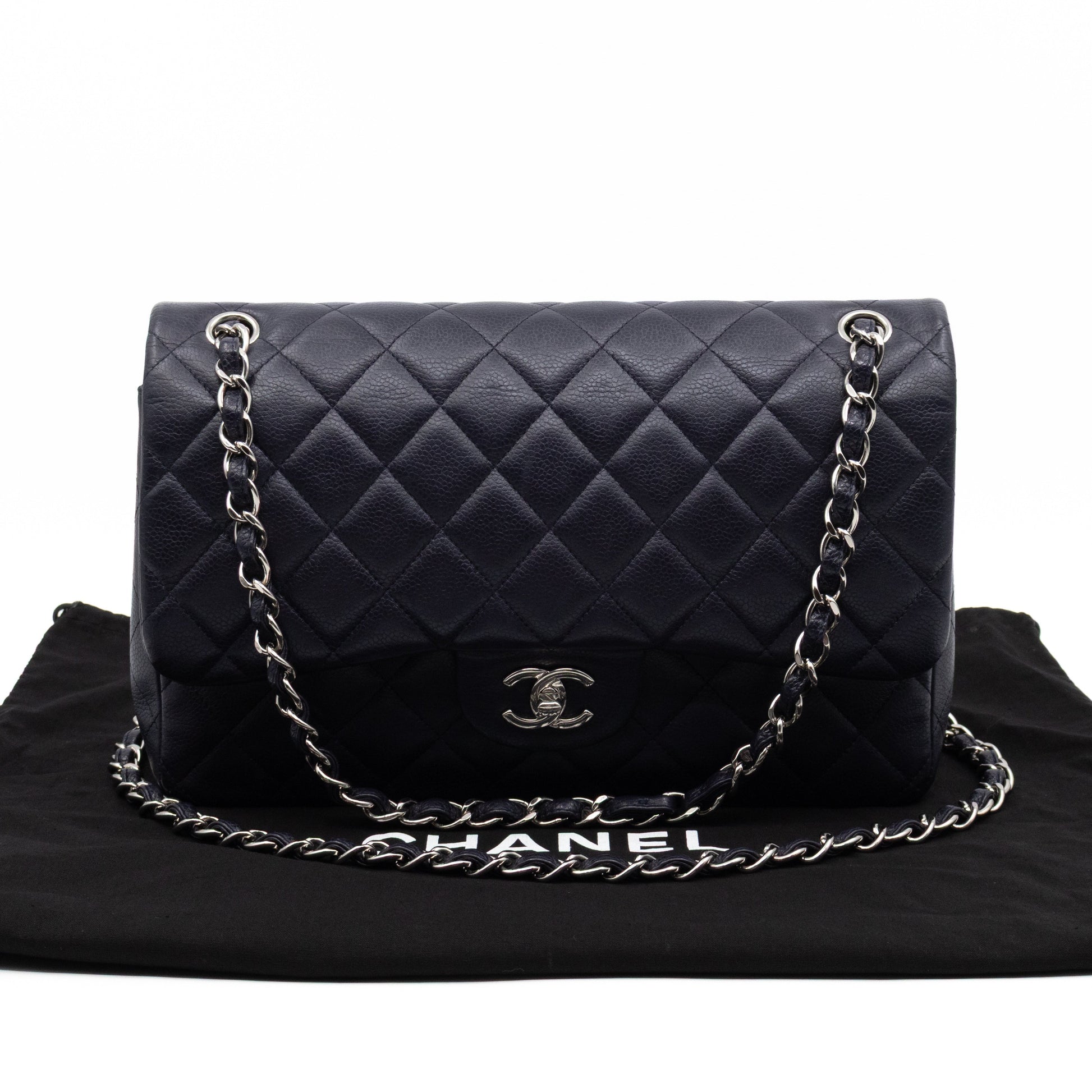 Chanel Classic Double Flap Jumbo Navy Soft Caviar Leather Silver