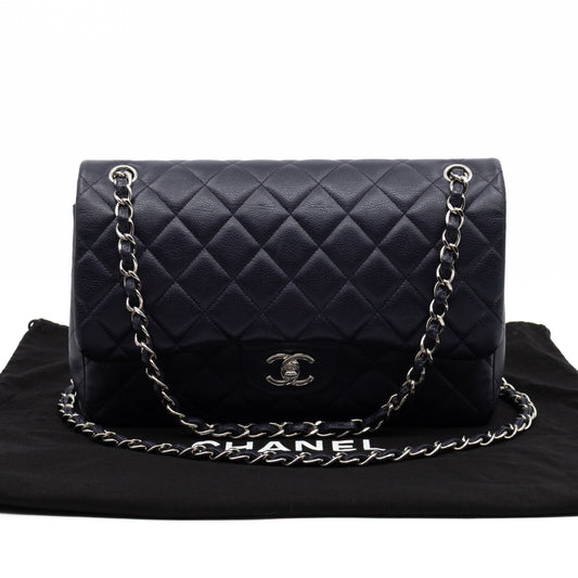 Chanel Classic Double Flap Jumbo Navy Soft Caviar Leather Silver