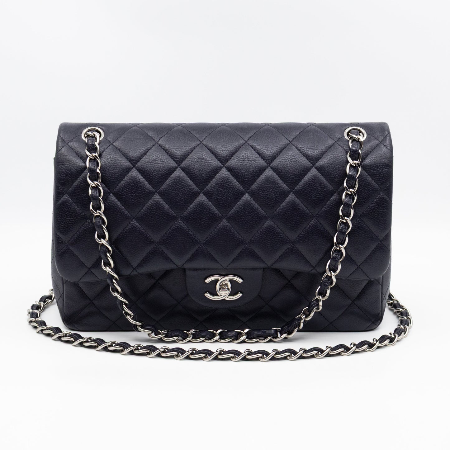 Chanel Classic Double Flap Jumbo Navy Soft Caviar Leather Silver