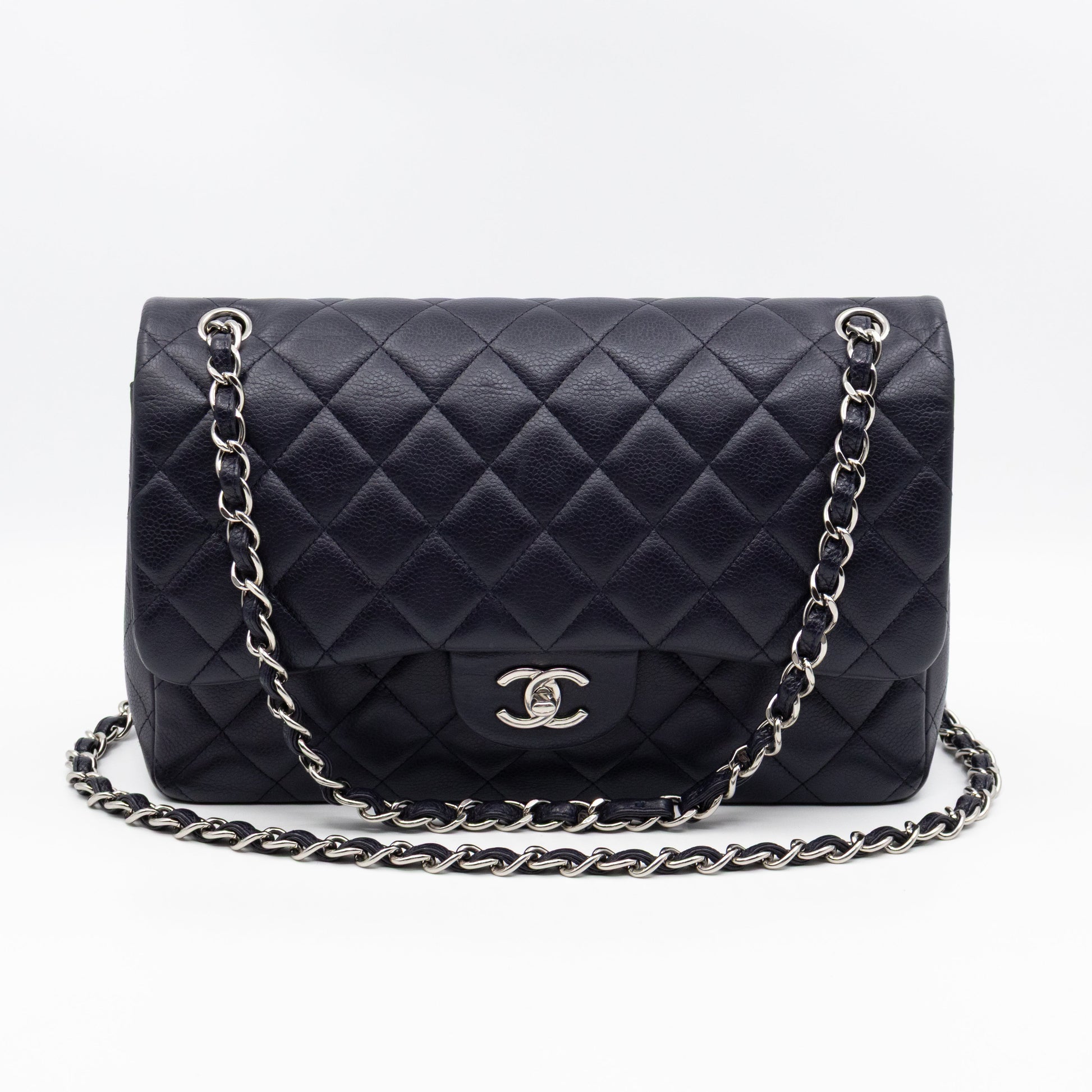 Chanel Classic Double Flap Jumbo Navy Soft Caviar Leather Silver