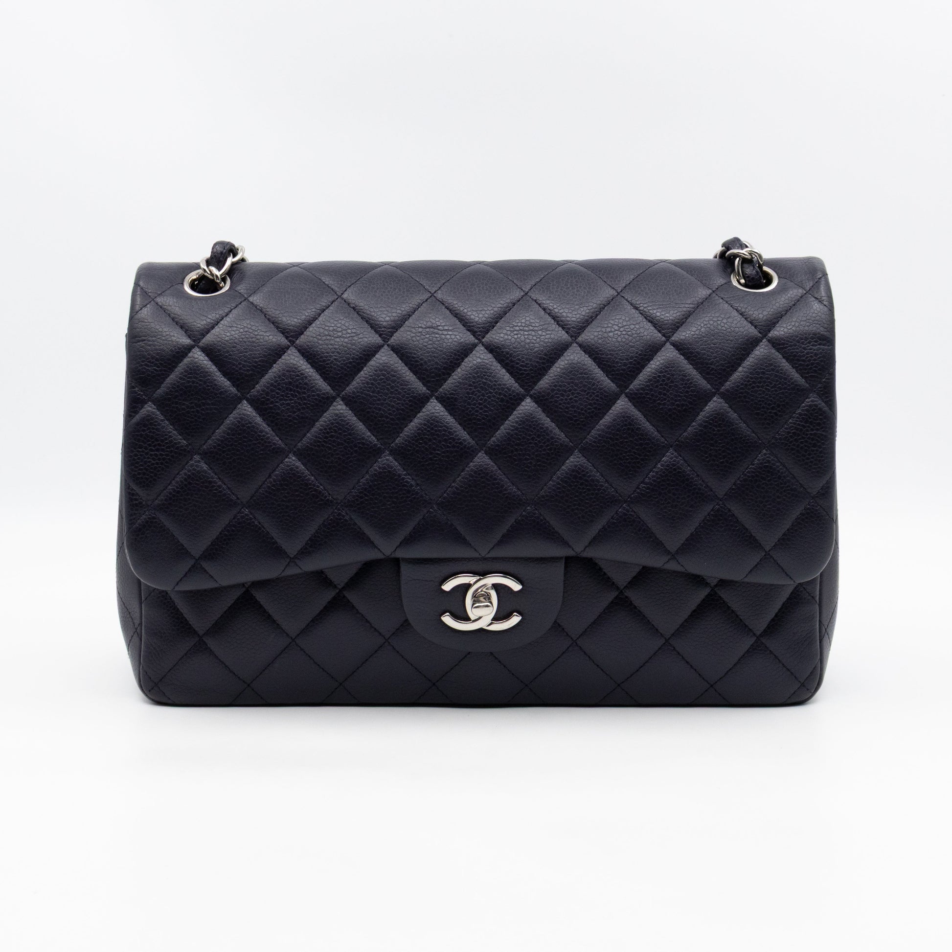Chanel Classic Double Flap Jumbo Navy Soft Caviar Leather Silver