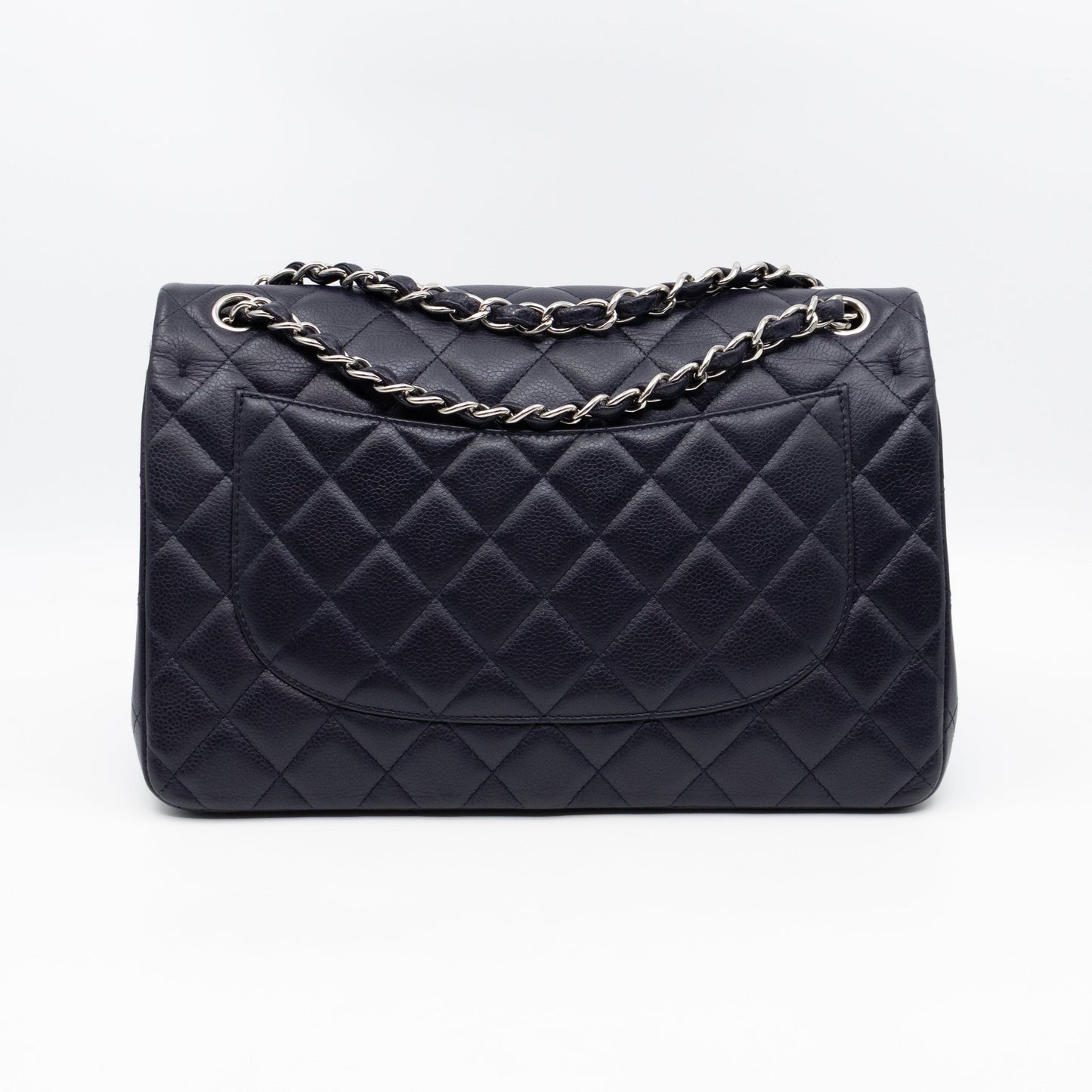 Chanel Classic Double Flap Jumbo Navy Soft Caviar Leather Silver
