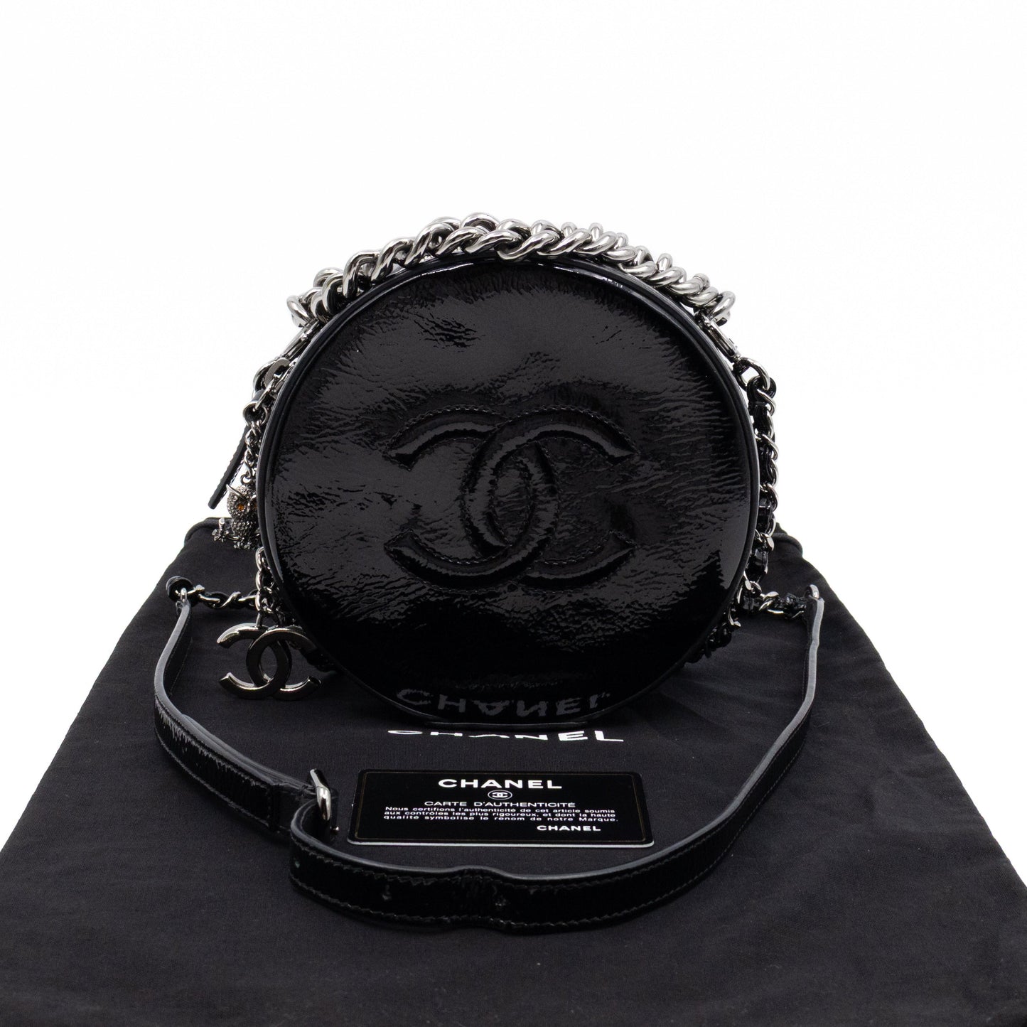 Chanel Round As Earth Bag Black Patent Leather Silver