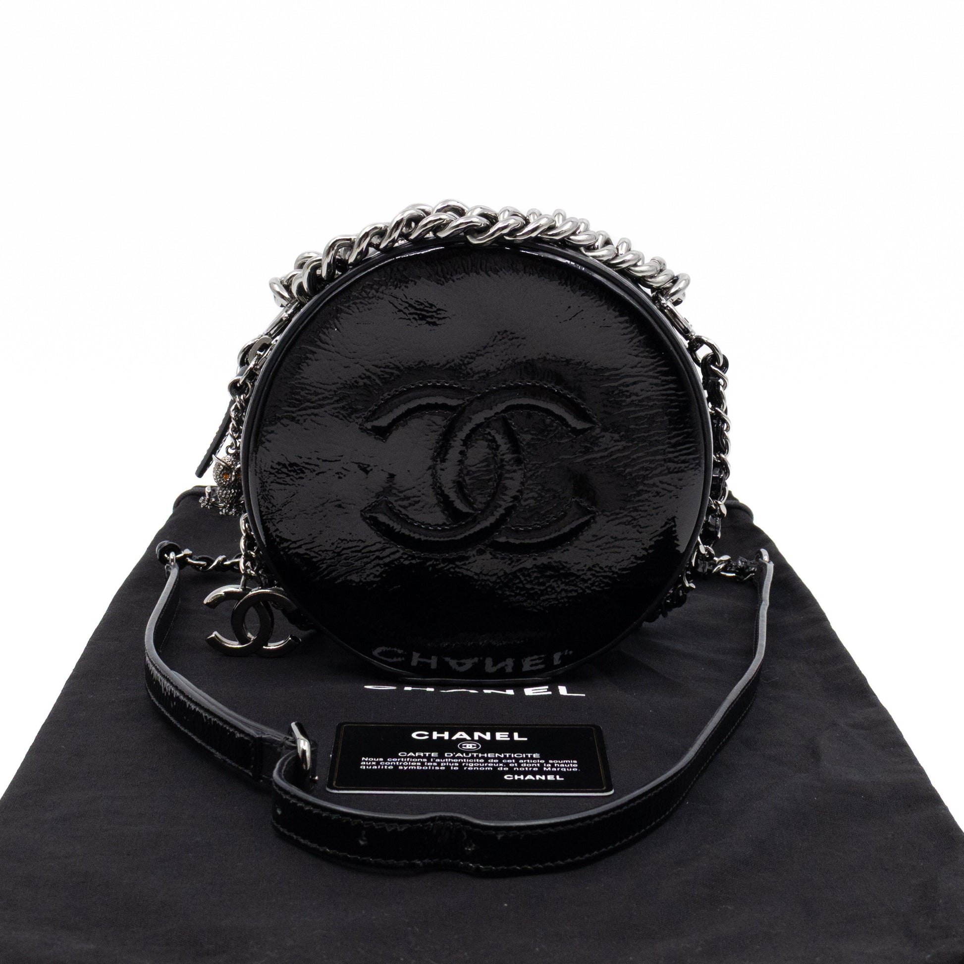 Chanel Round As Earth Bag Black Patent Leather Silver