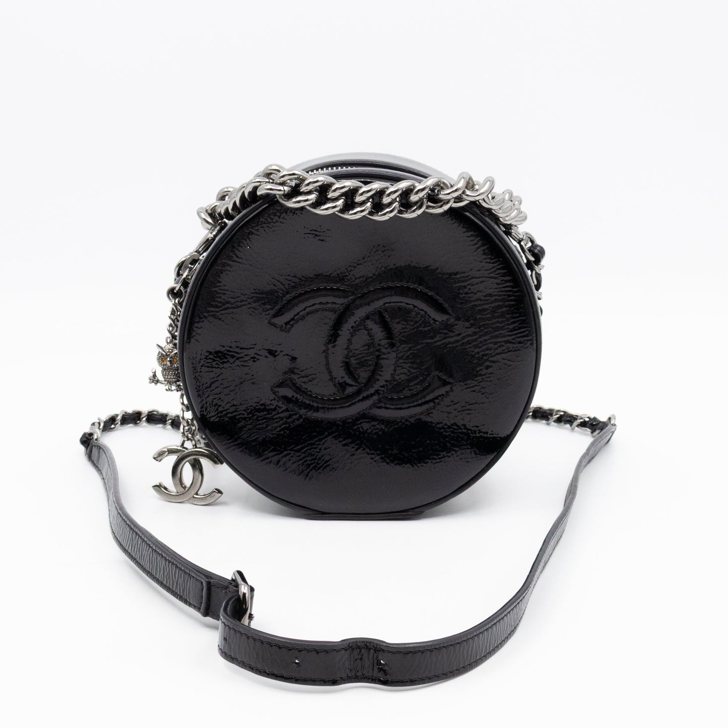 Chanel Round As Earth Bag Black Patent Leather Silver