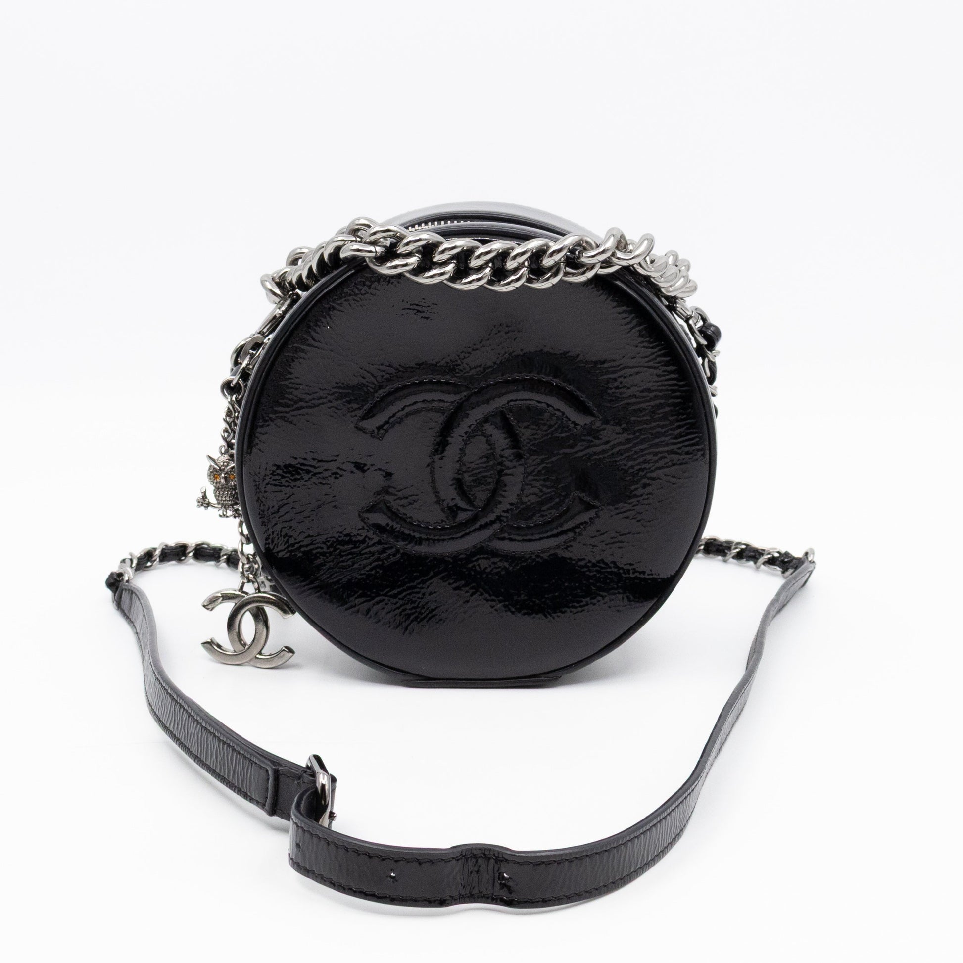 Chanel Round As Earth Bag Black Patent Leather Silver
