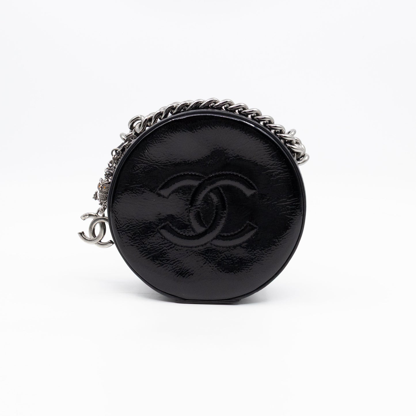 Chanel Round As Earth Bag Black Patent Leather Silver