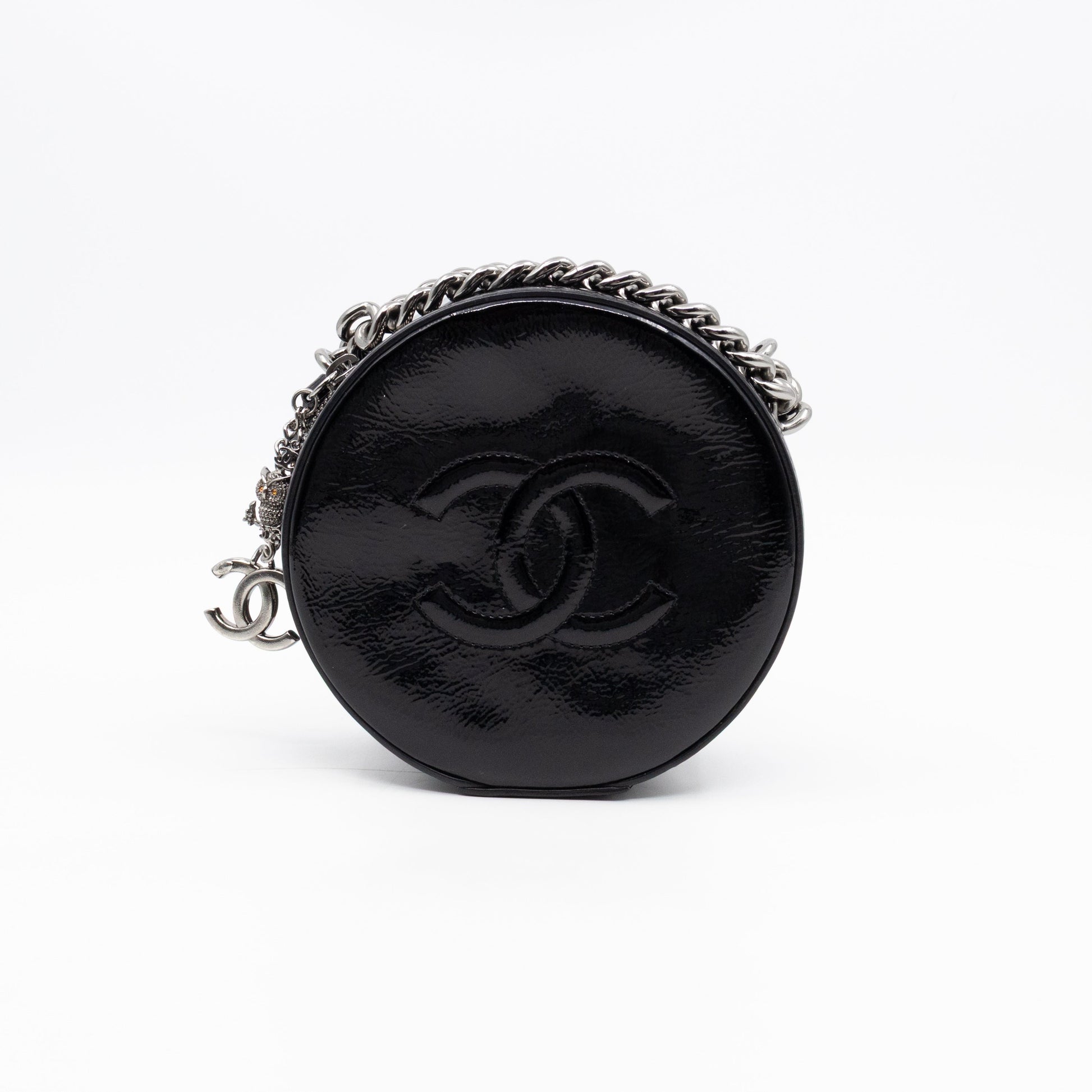 Chanel Round As Earth Bag Black Patent Leather Silver