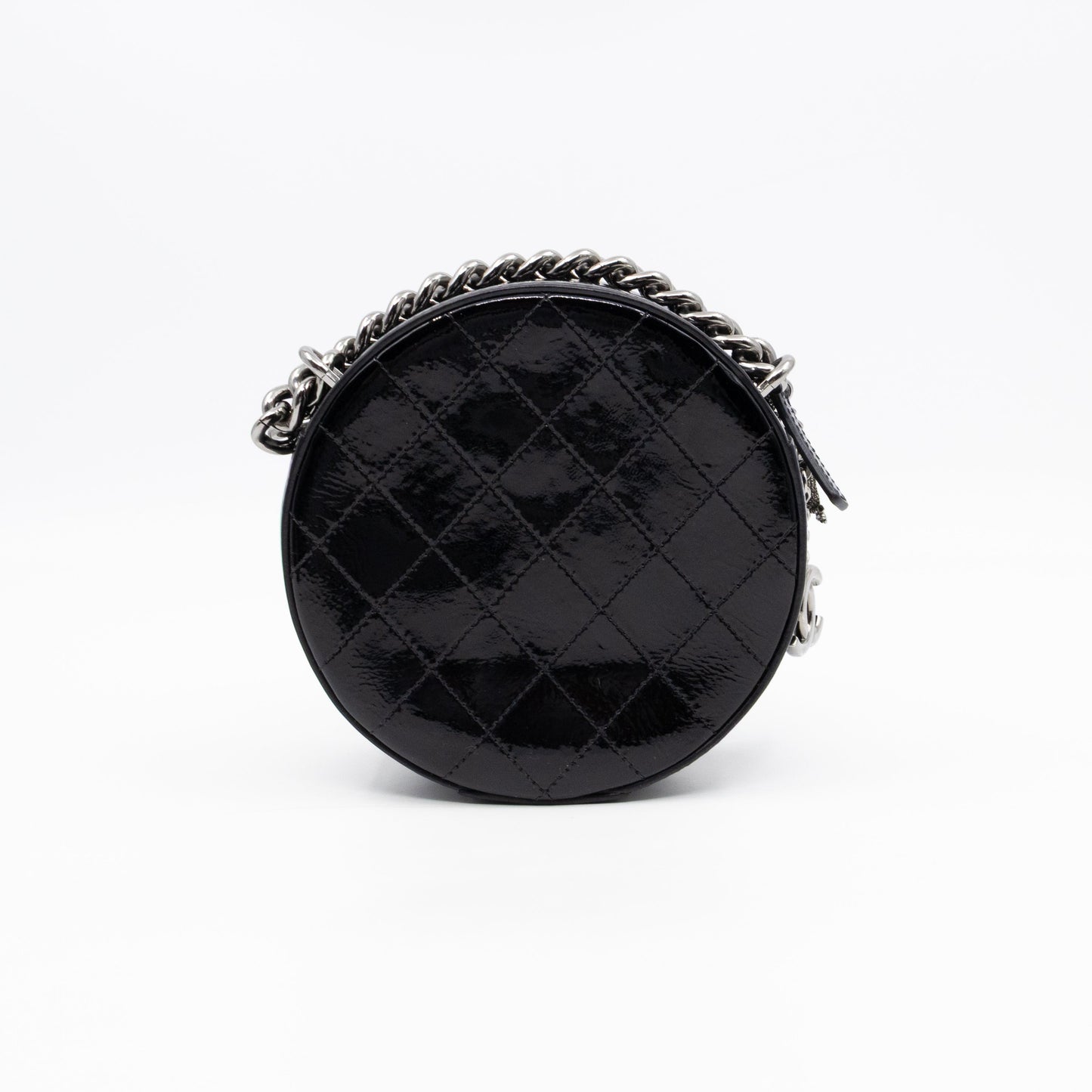 Chanel Round As Earth Bag Black Patent Leather Silver