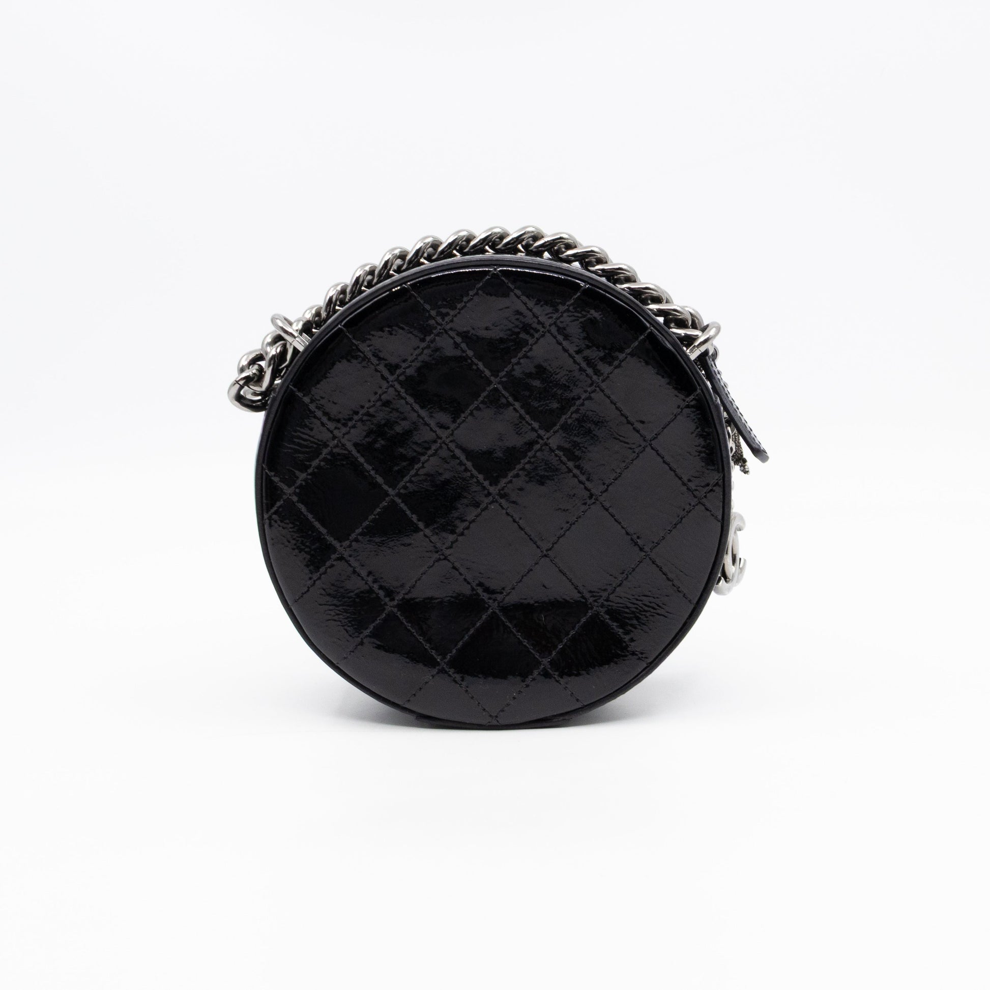 Chanel Round As Earth Bag Black Patent Leather Silver