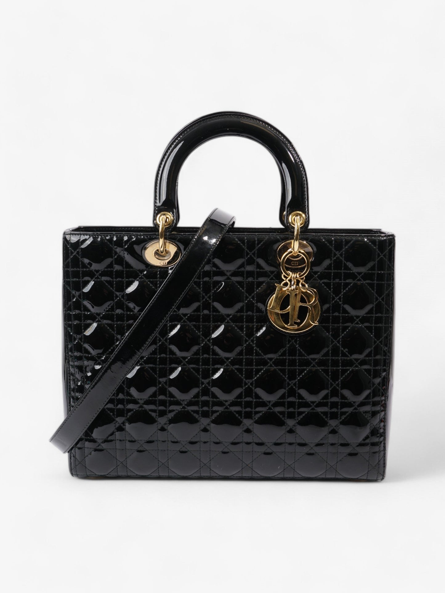 Dior Christian Lady Tote Bag Leather Patent Black