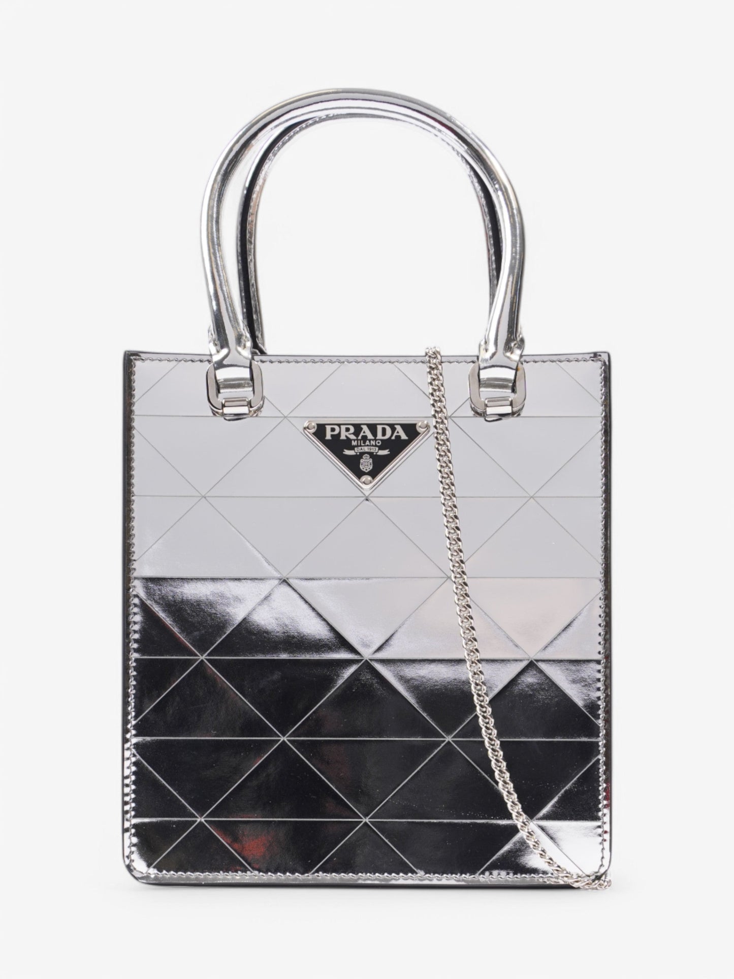 Prada Convertible Open Tote Triangle Leather Silver Small Crossbody Bag