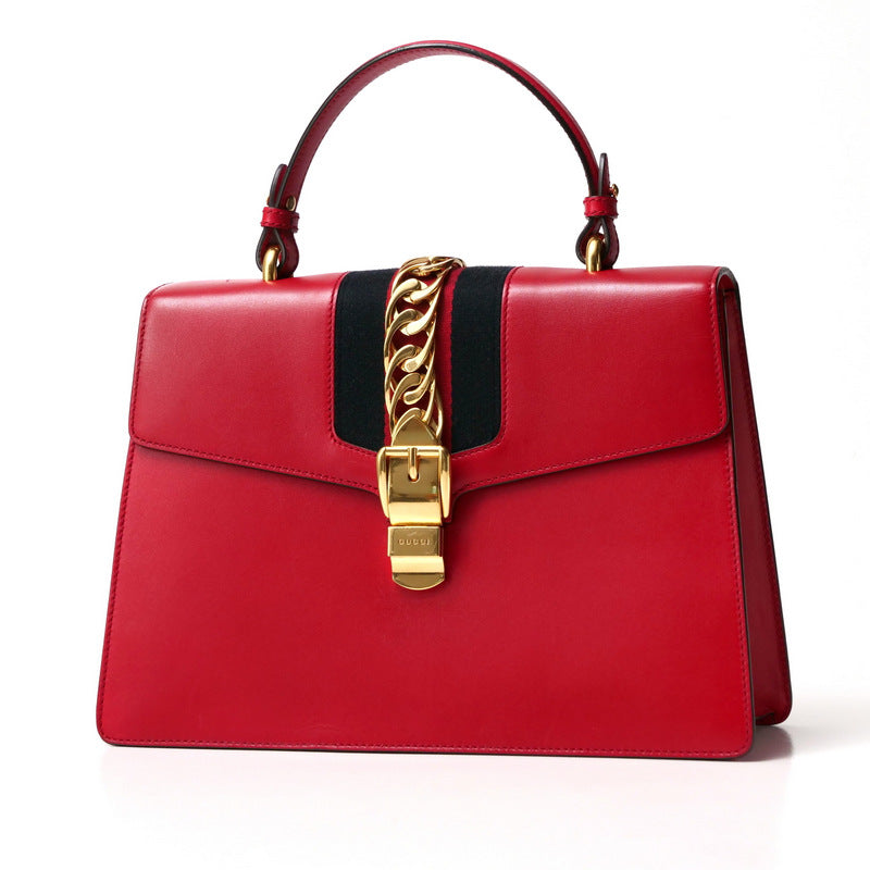 Gucci Genuine line SYLVIE Leather Red Gold Navy Handbag