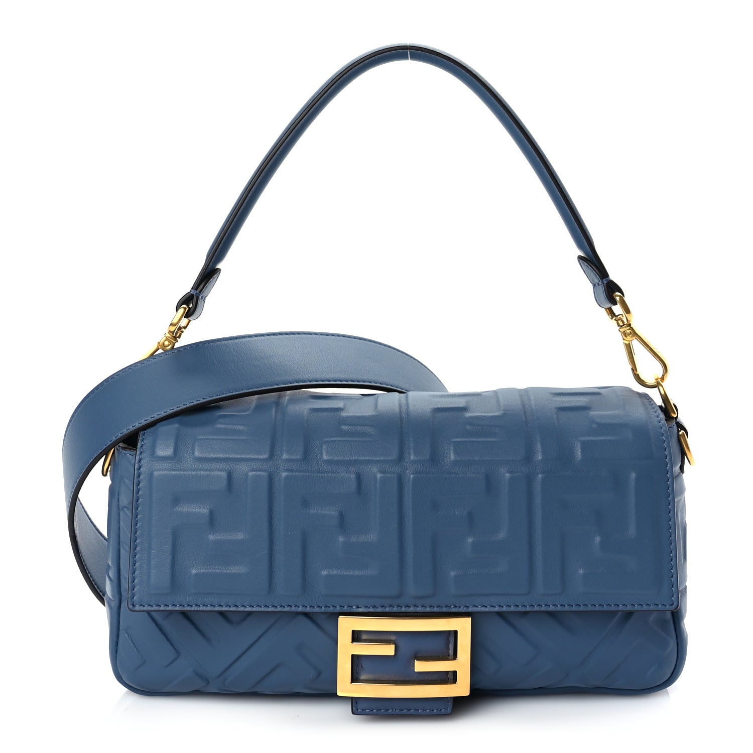 Fendi Handbag Nappa FF Baguette Mirto Leather Blue Embossed Shoulder Bag