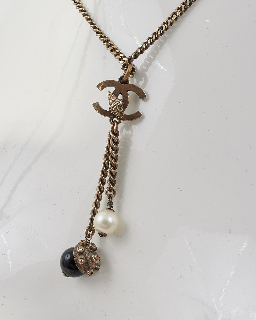 Chanel CC Gunmetal Toned Black and White Charm Necklace