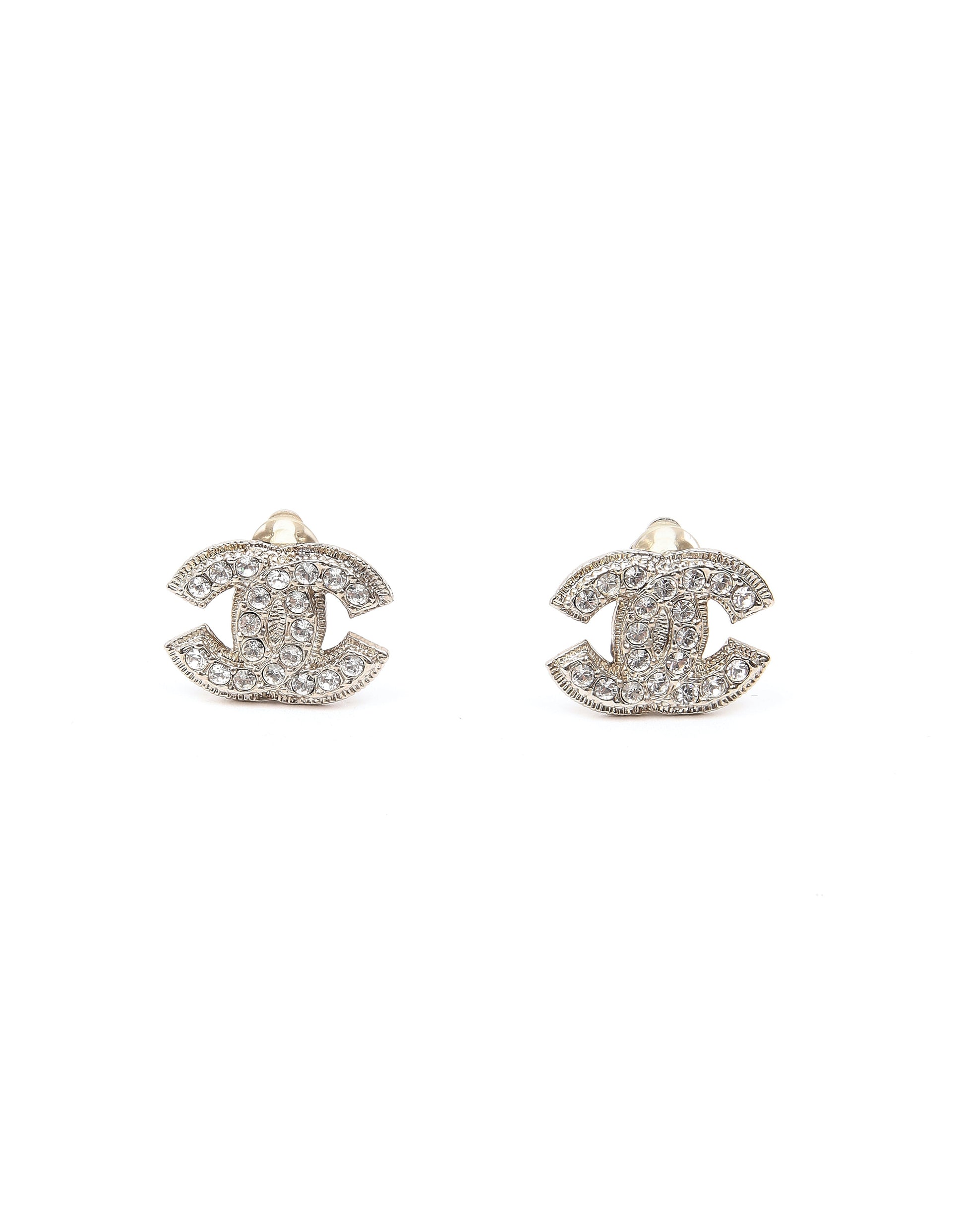 Chanel CC Interlocking Silver Tone Crystal Logo Earrings