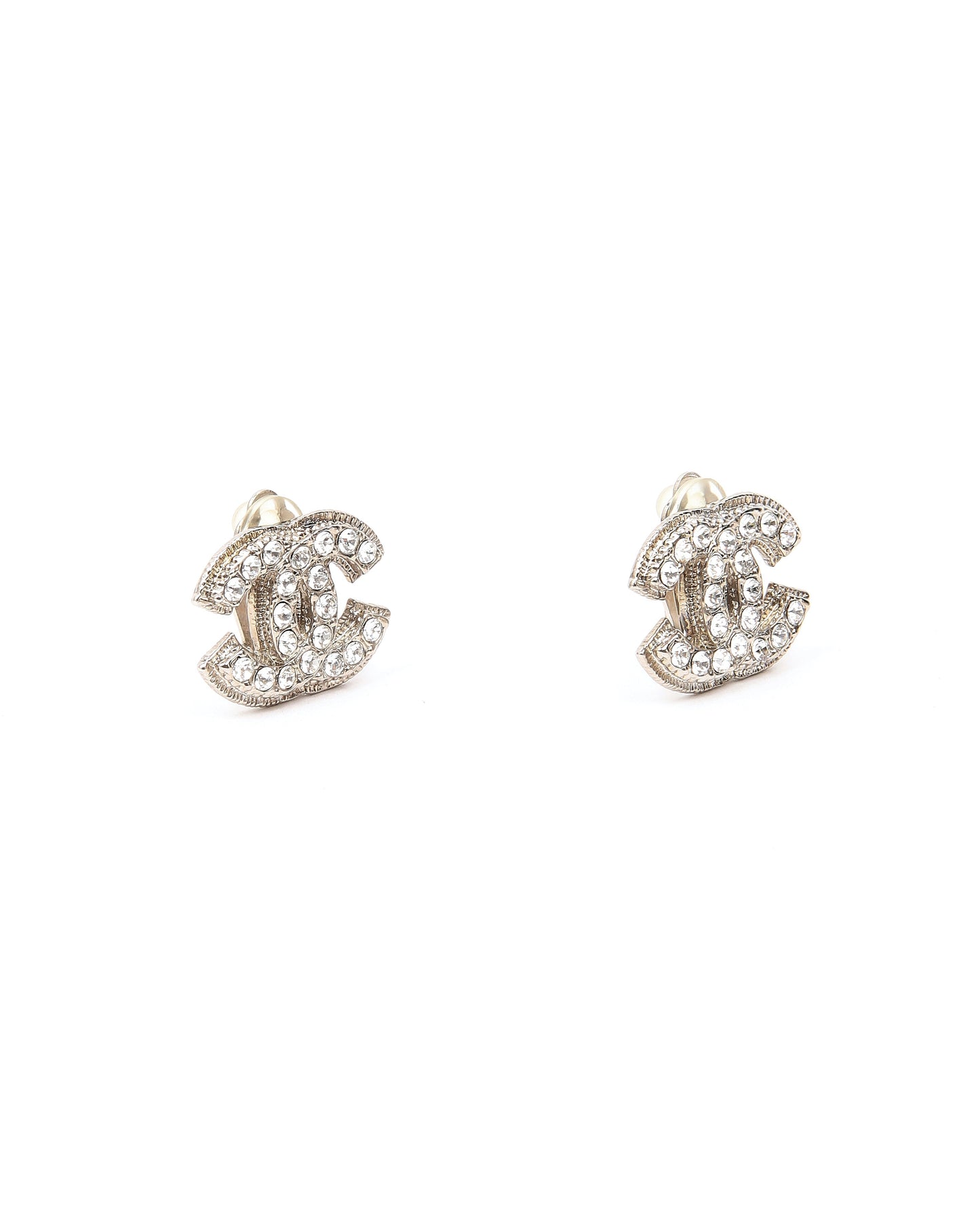 Chanel CC Interlocking Silver Tone Crystal Logo Earrings