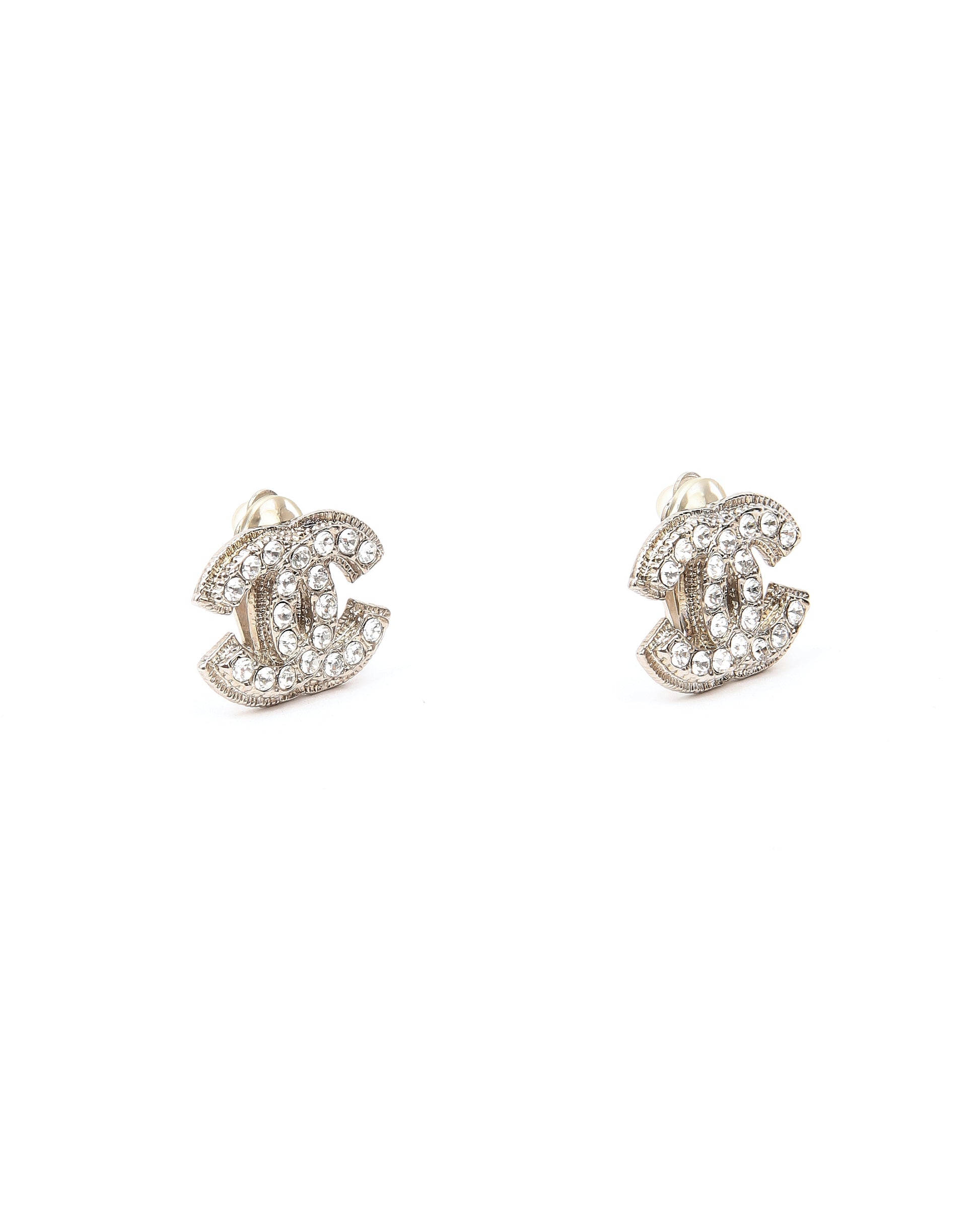 Chanel CC Interlocking Silver Tone Crystal Logo Earrings
