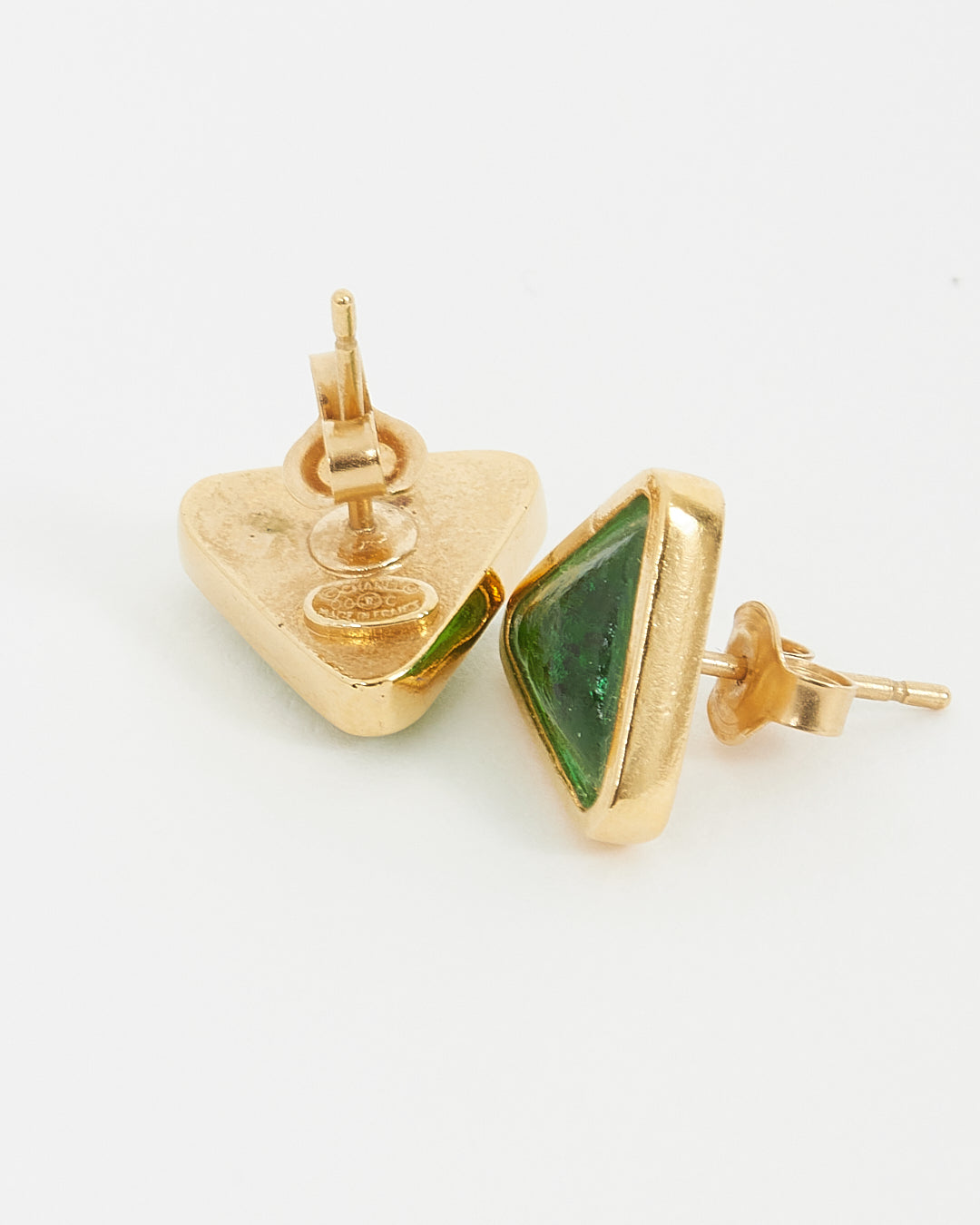 CHANEL CC Gold Tone Logo Pierce Earrings Gold/Green