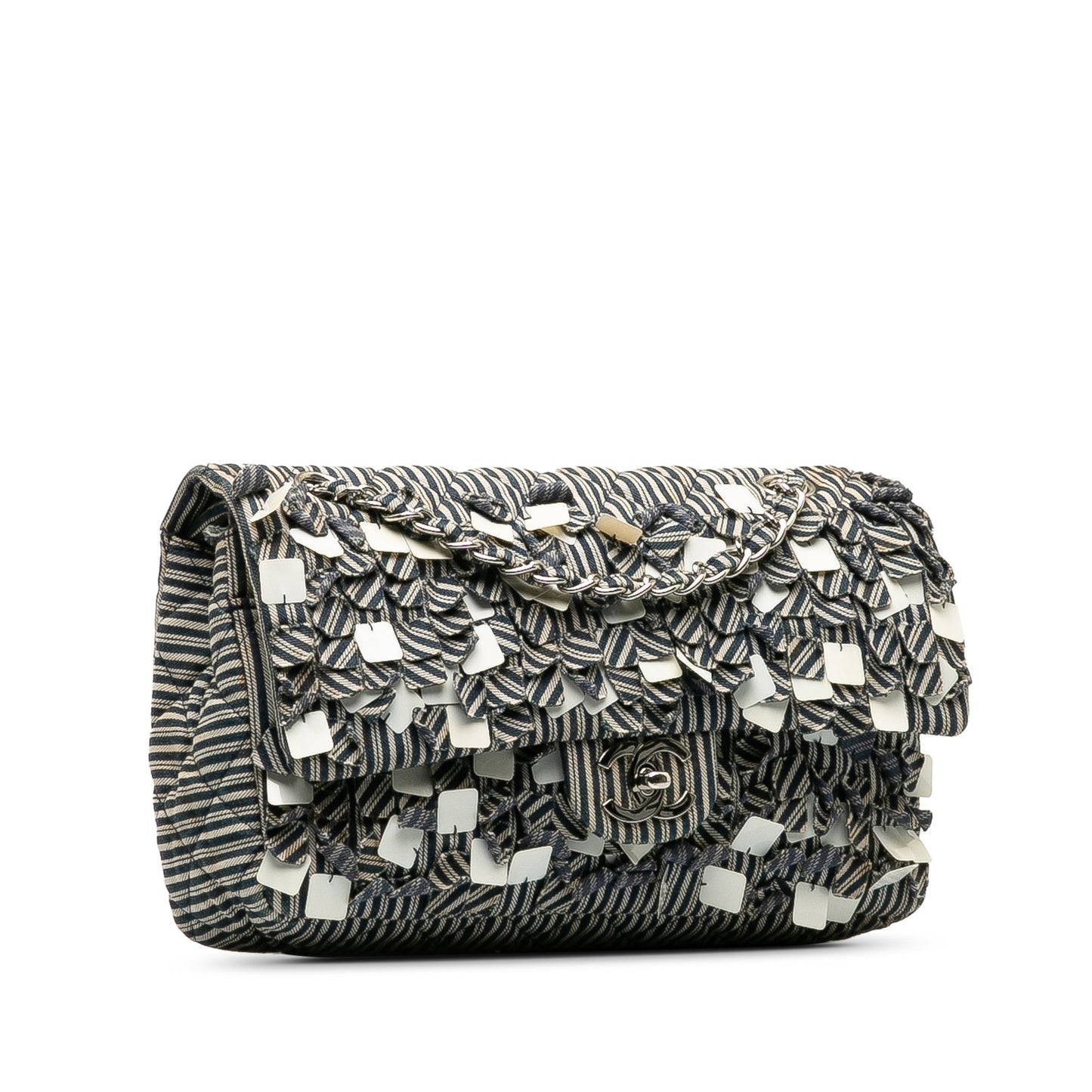 CHANEL Medium Cotton Striped Double Flap Shoulder Bag