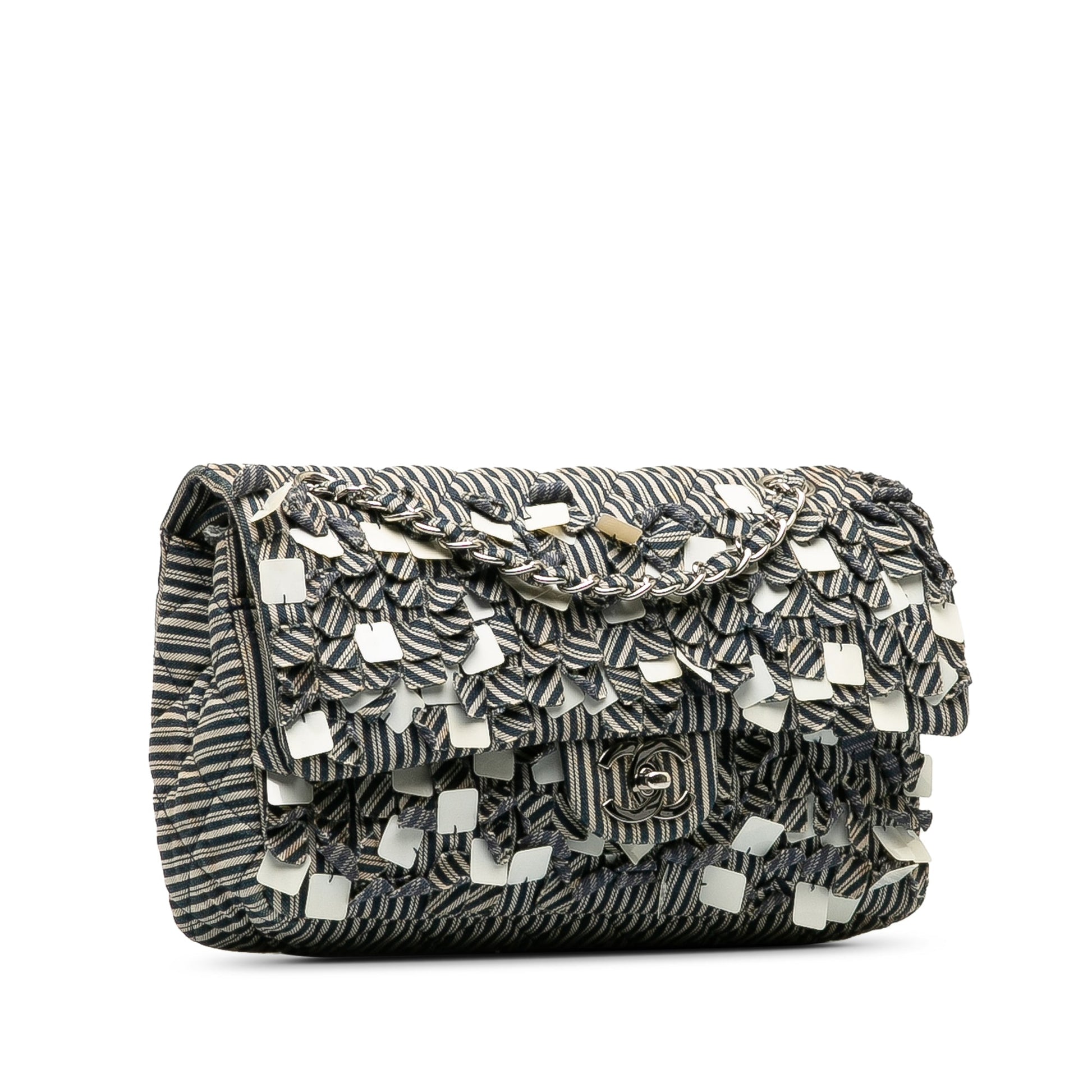 Blue Chanel Medium Cotton Striped Double Flap Shoulder Bag