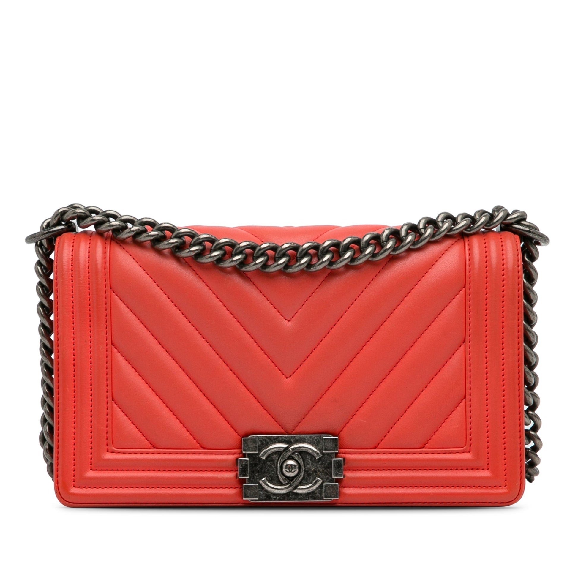 Red Chanel Medium Calfskin Chevron Boy Flap Crossbody Bag