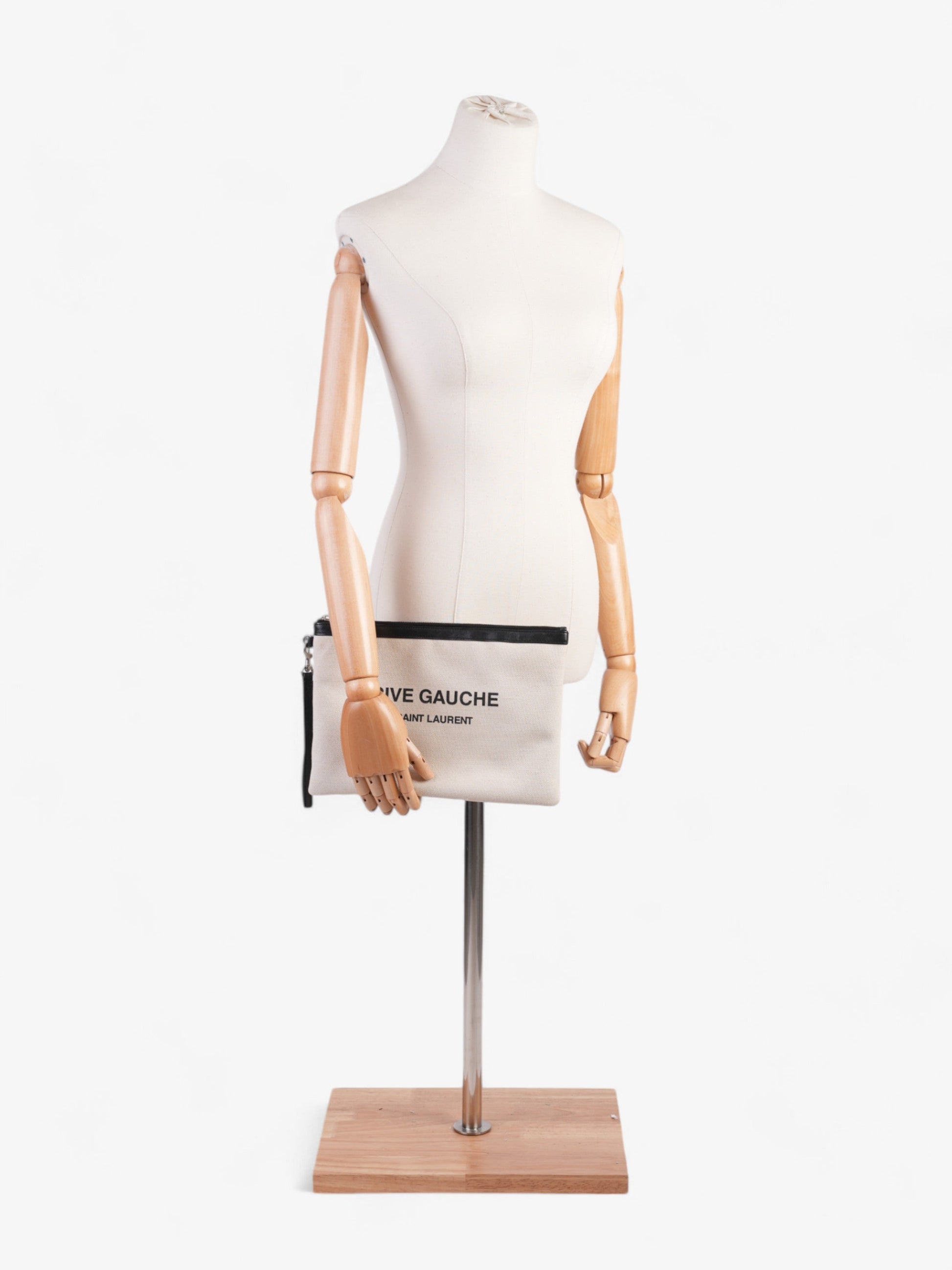 YSL Saint Laurent Rive Gauche Wristlet Clutch Bag Canvas Black White Black White Canvas