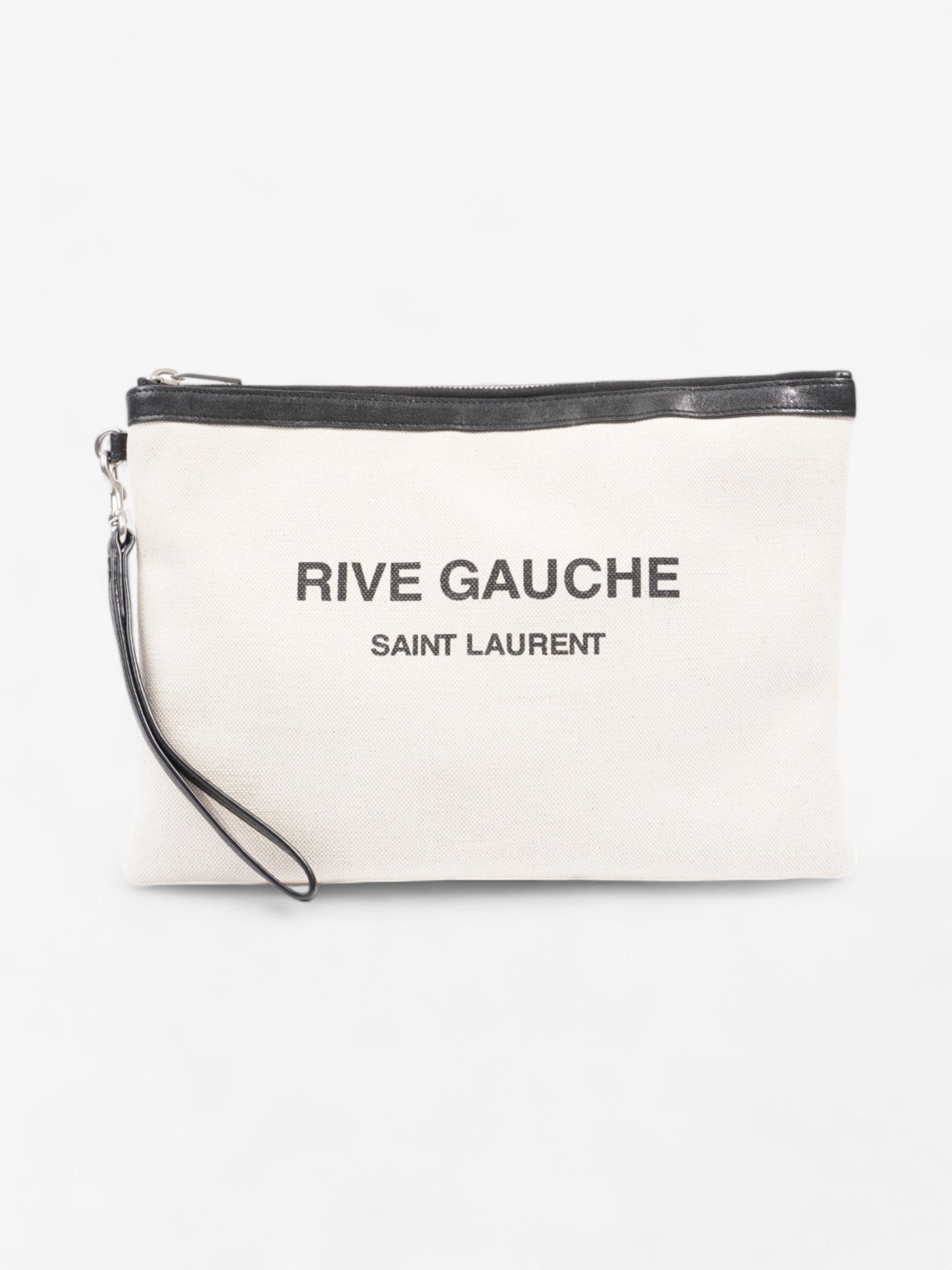 YSL Saint Laurent Rive Gauche Wristlet Clutch Bag Canvas Black White Black White Canvas