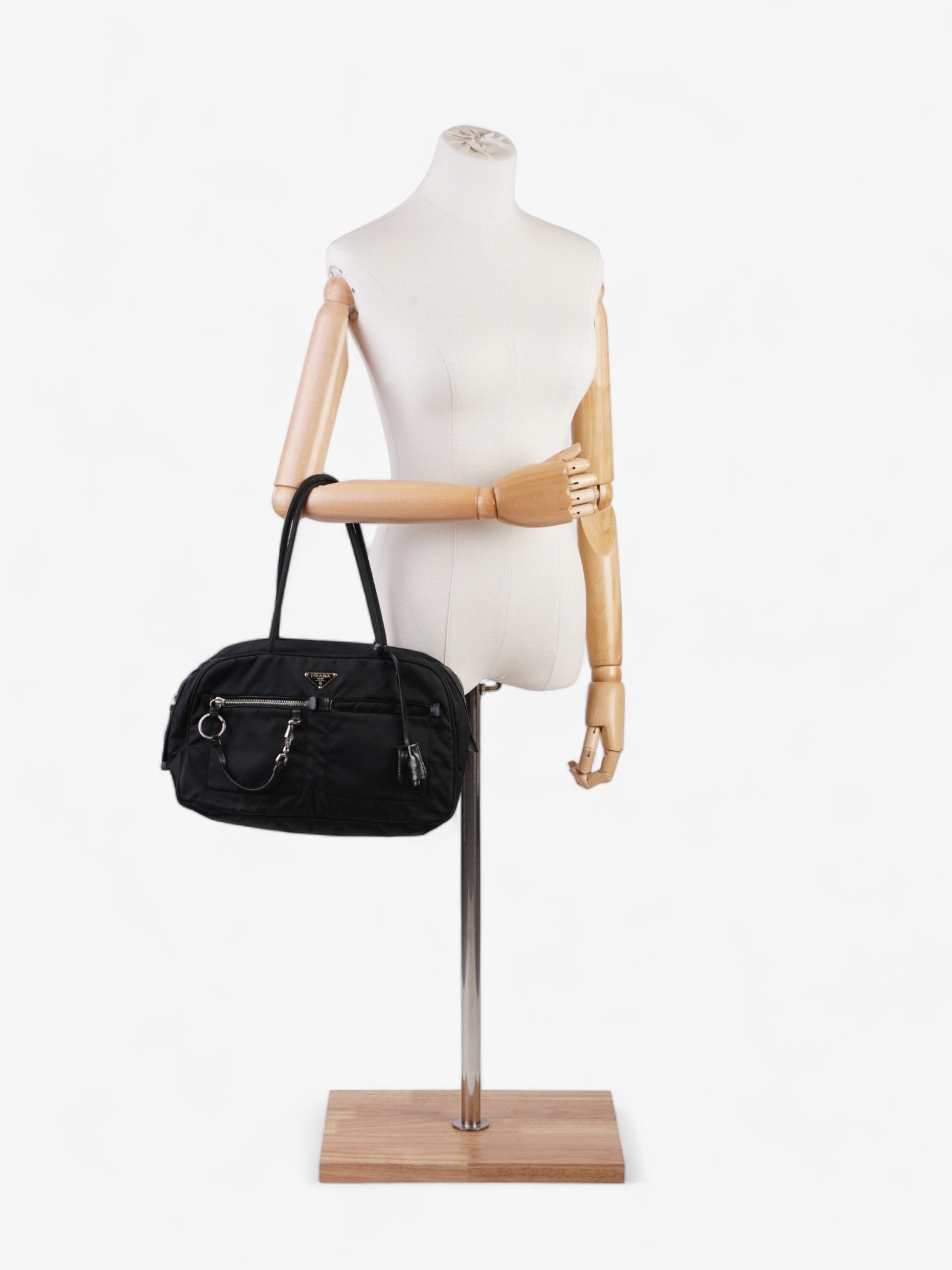 Prada Triangle Boston Front Pocket Shoulder Bag Nylon Black Logo