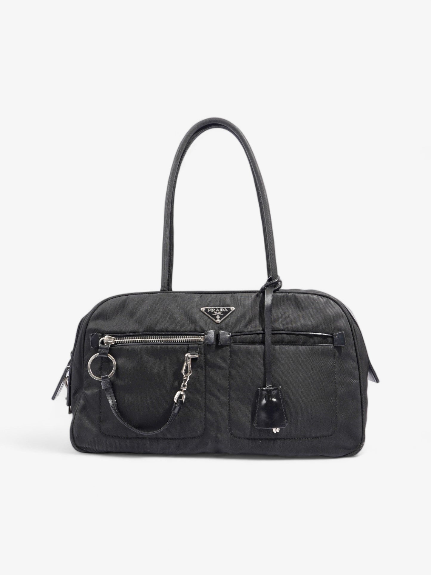 Prada Triangle Boston Front Pocket Shoulder Bag Nylon Black Logo