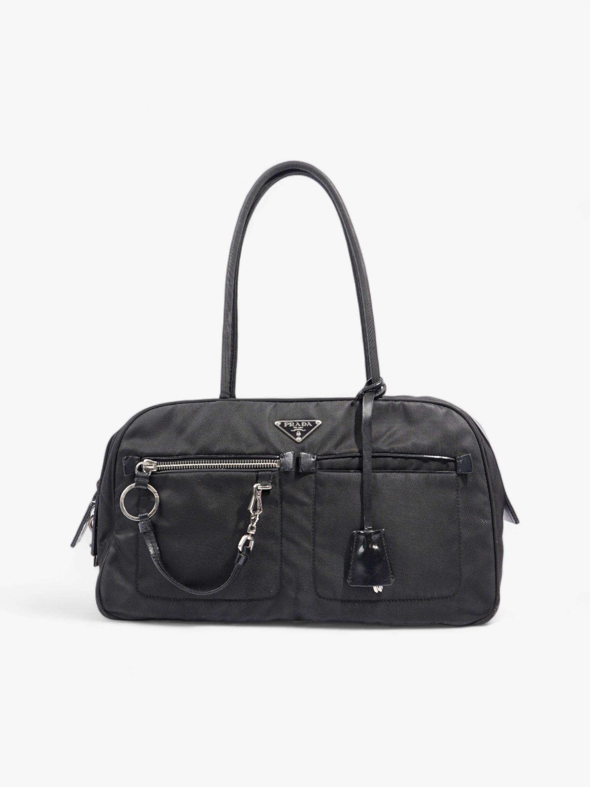 Prada Triangle Boston Front Pocket Shoulder Bag Nylon Black Logo