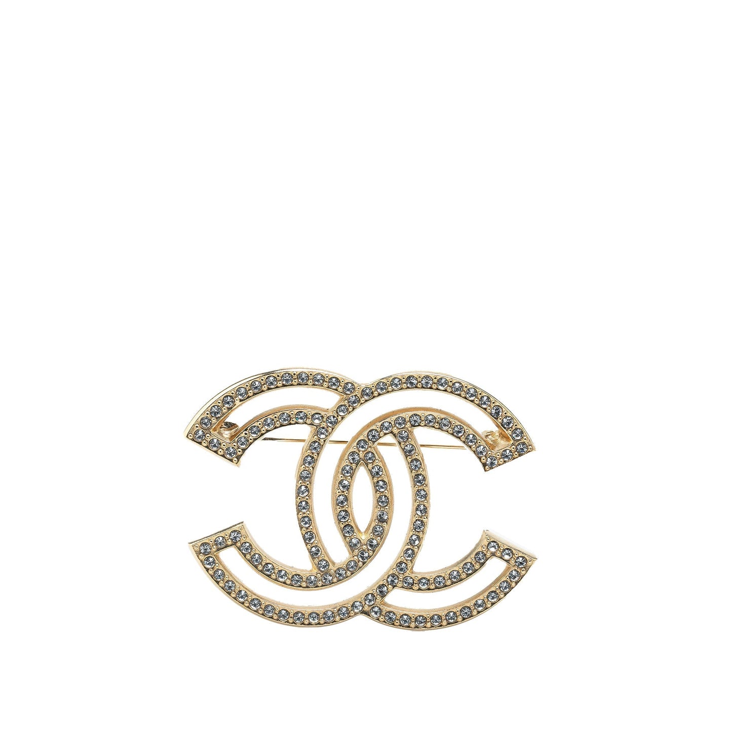 Gold Chanel Gold Plated CC Rhinestone Brooch