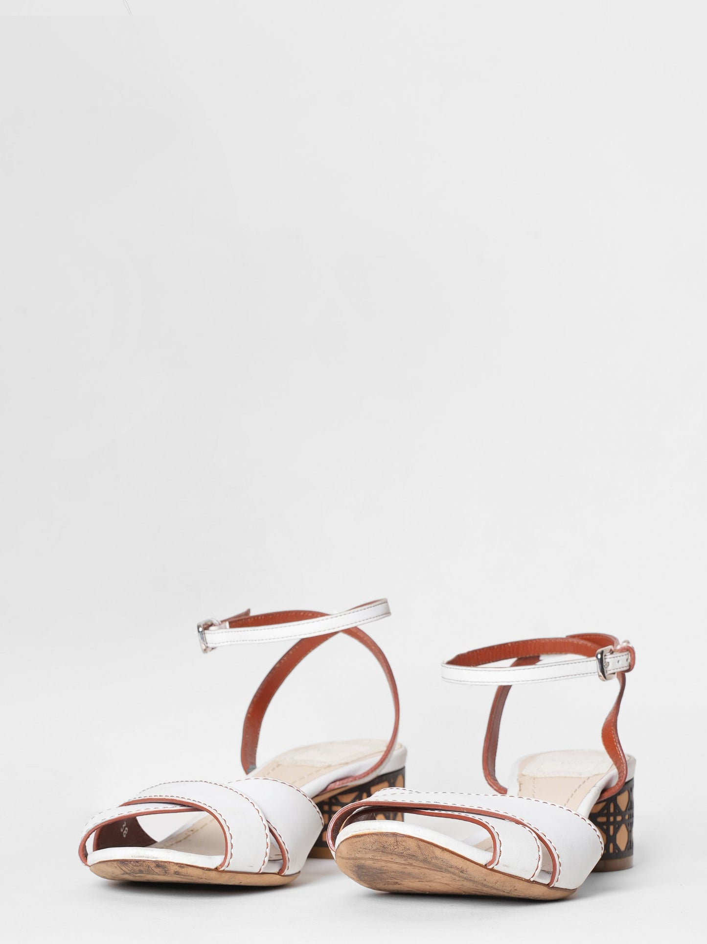 Dior Shoe Cannage Block Heel Ankle Strap Sandals Leather White Shoes