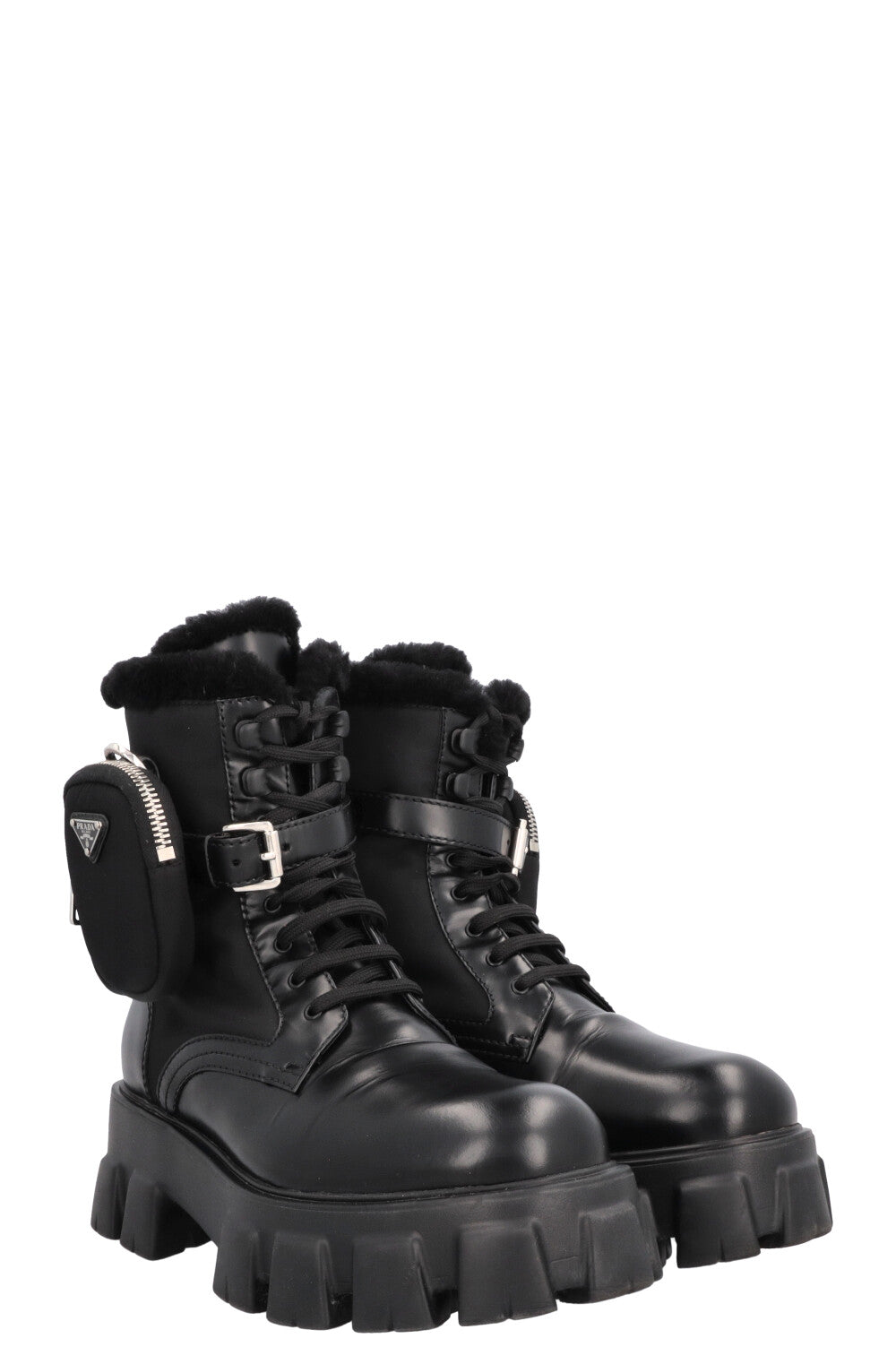 Prada Monolith Boots Shearling Leather Black Shoes