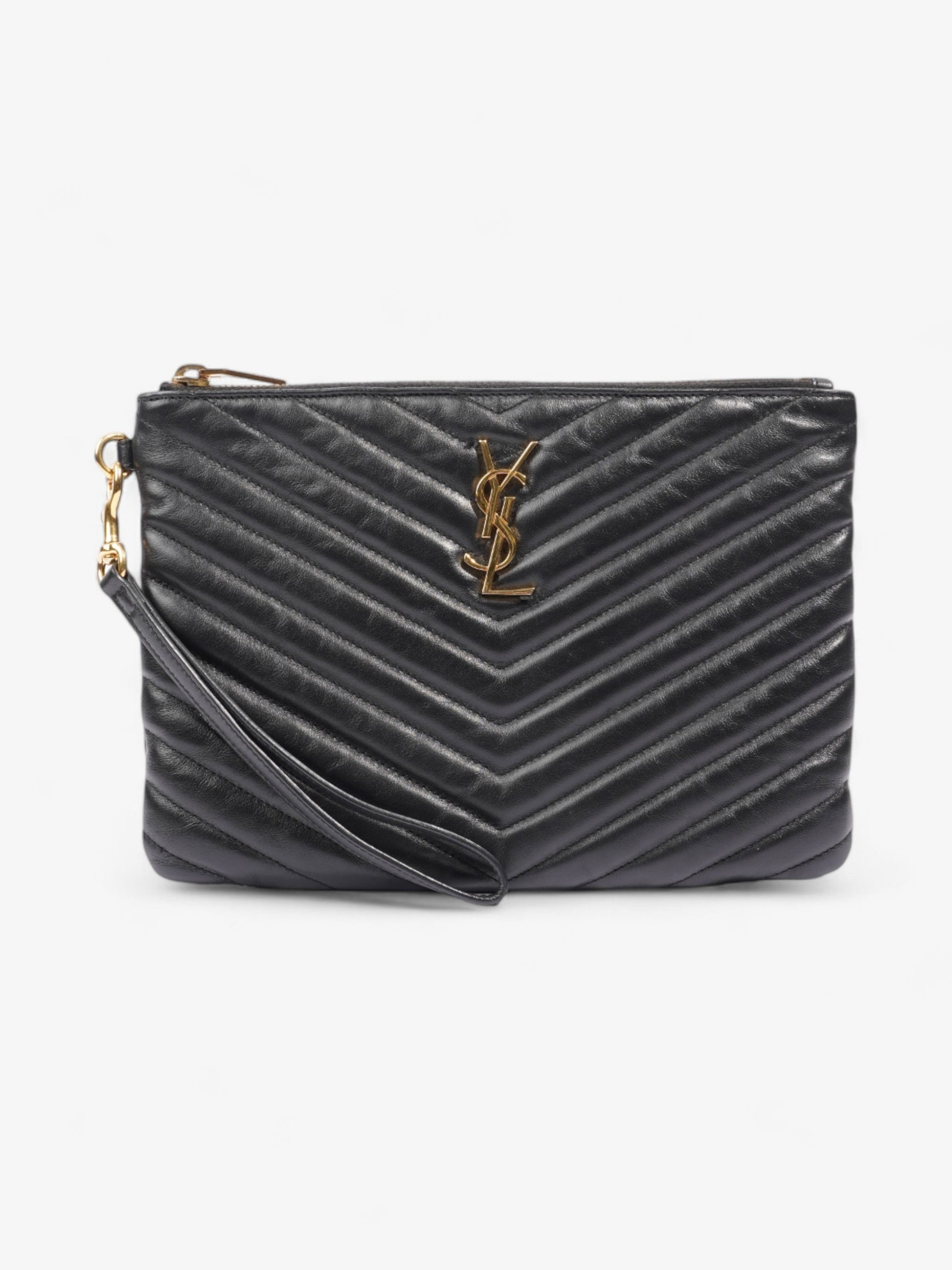 YSL Saint Laurent Cassandre Wristlet Clutch Bag Leather Matelasse Black